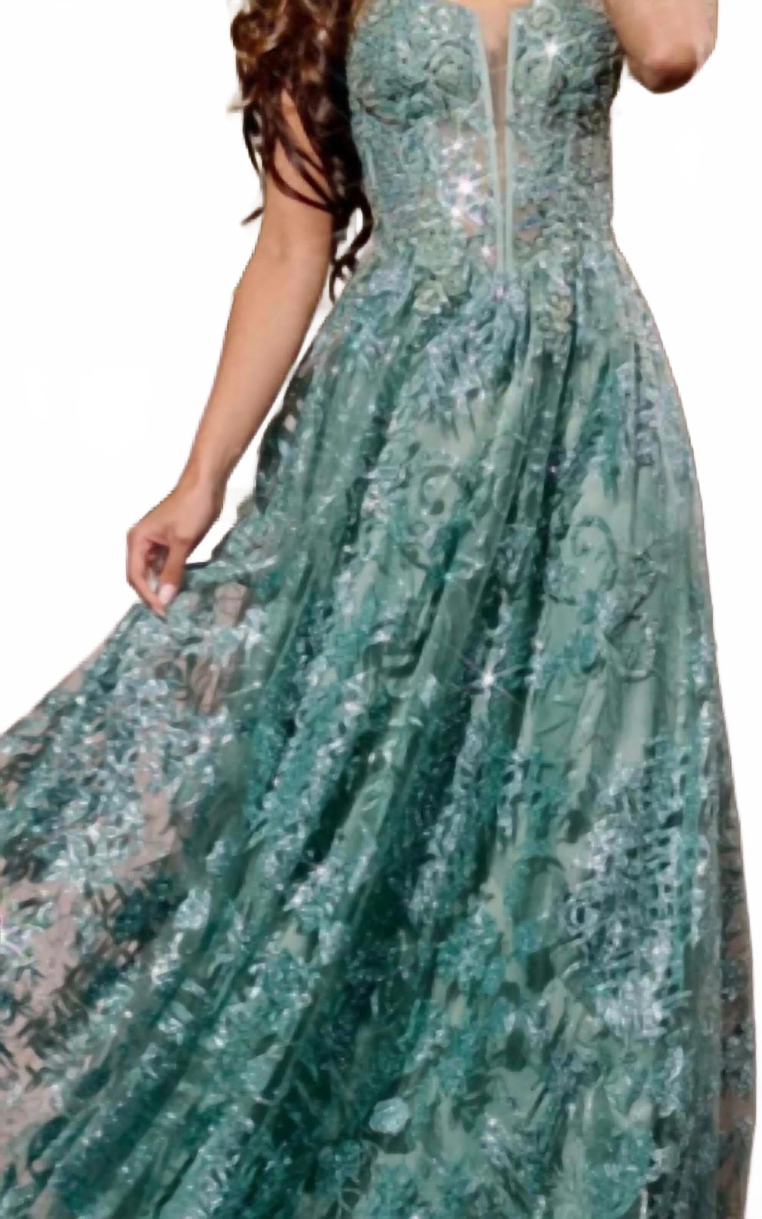 Spaghetti Strap A-Line Gown With Embellished Bodice In Sage