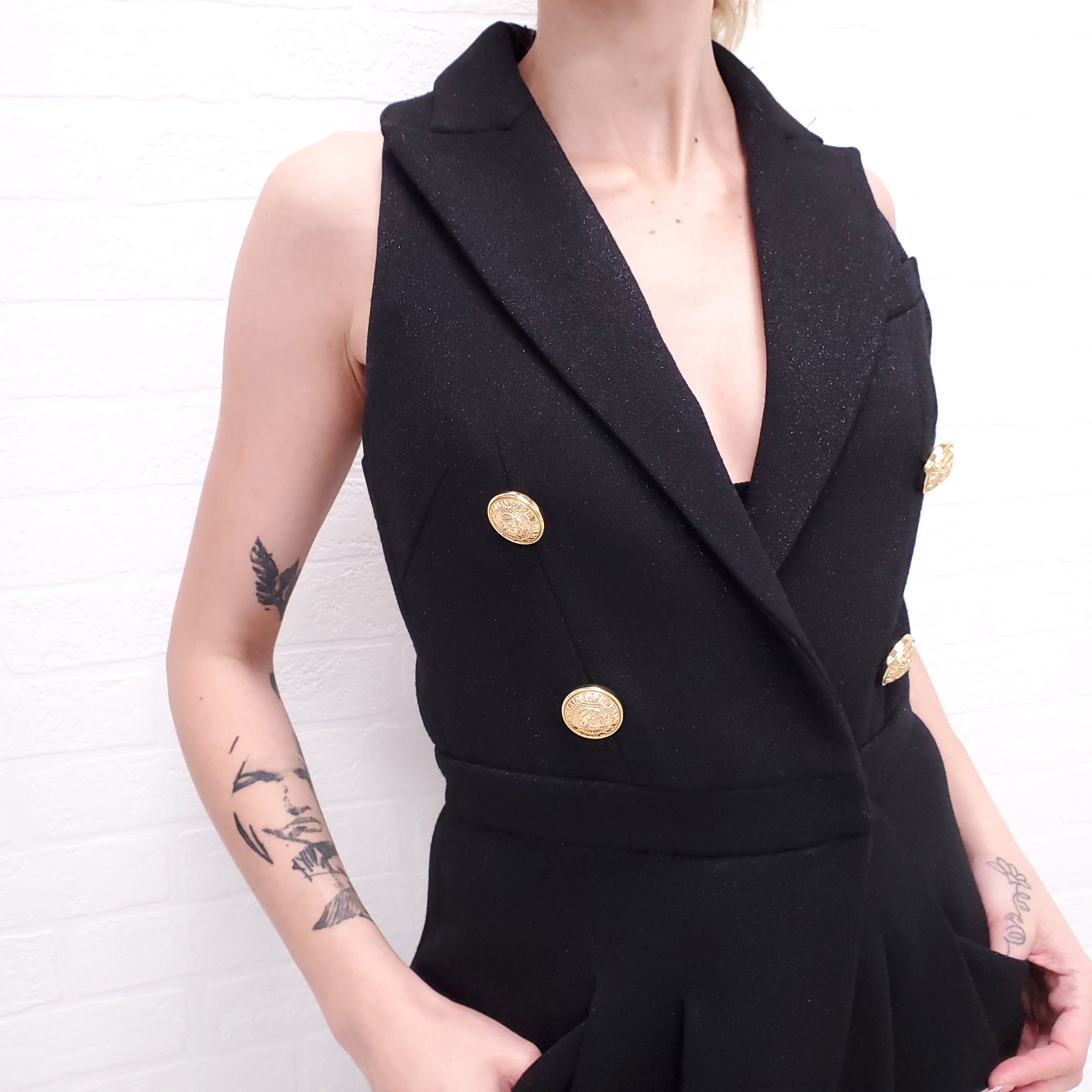 BALMAIN BLACK JUMPSUIT WITH LAPELS AND GOLD LOGO BUTTONS - SIZE XS