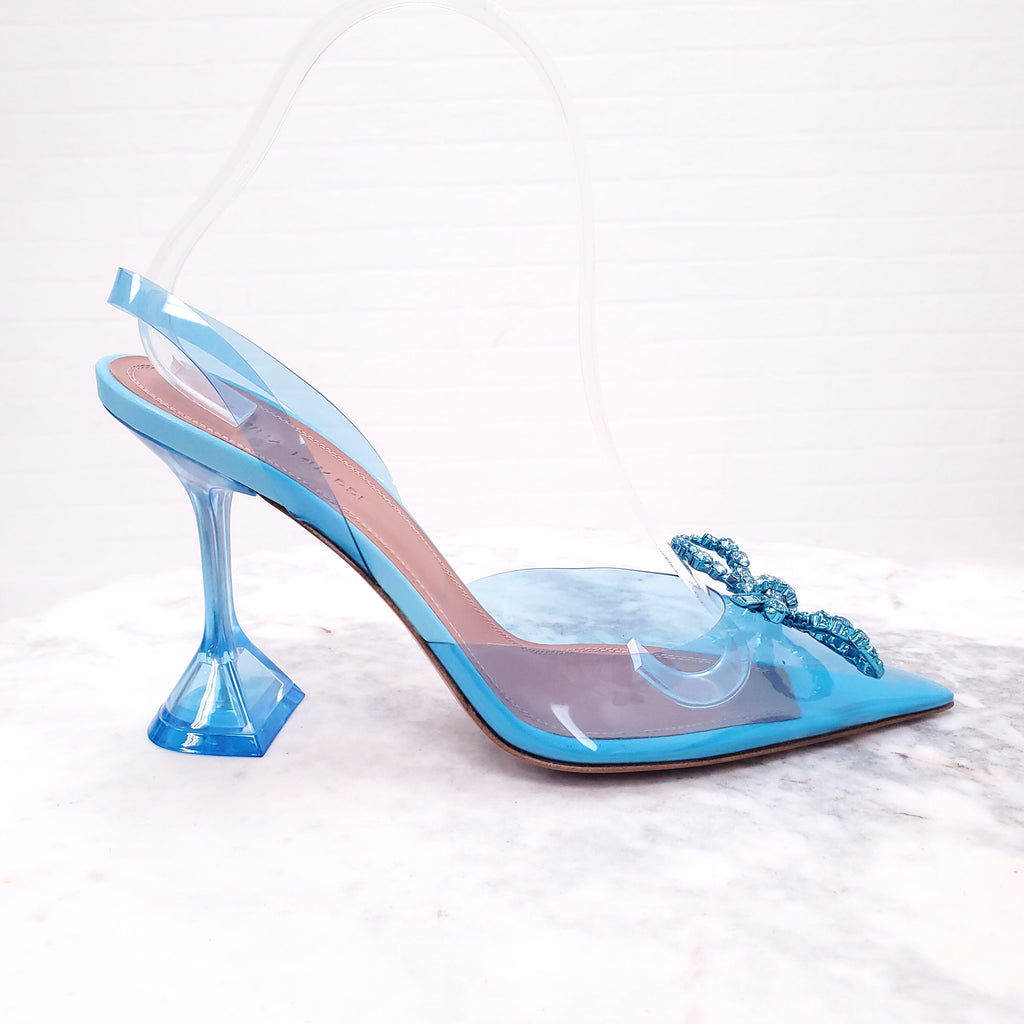 AMINA MUADDI BLUE PVC ROSIE GLASS HEELS WITH CRYSTAL BOW - SIZE 38