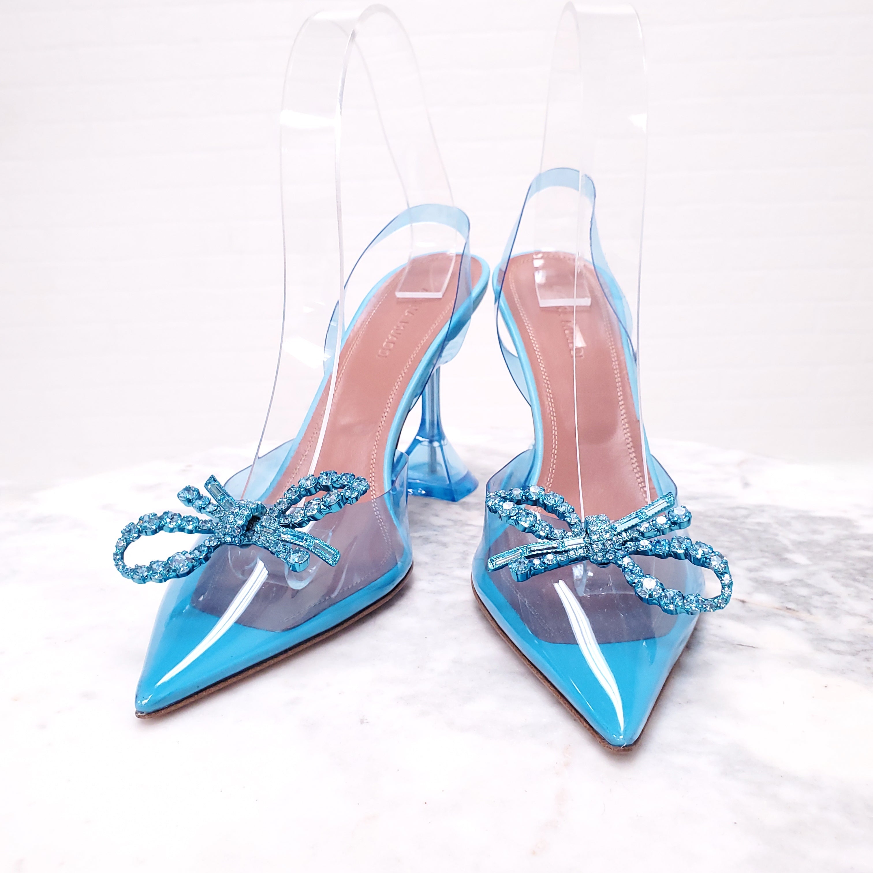 AMINA MUADDI BLUE PVC ROSIE GLASS HEELS WITH CRYSTAL BOW - SIZE 38
