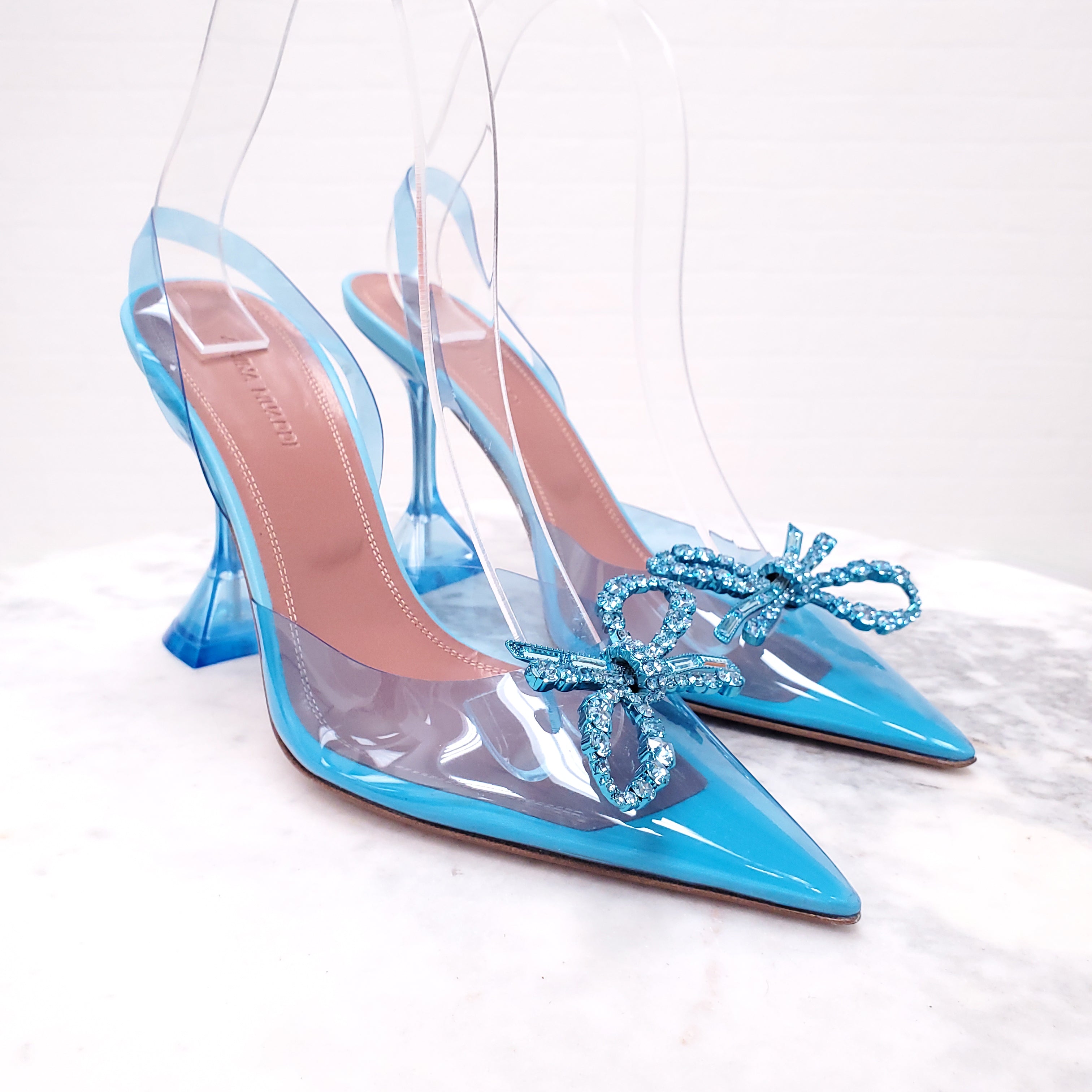 AMINA MUADDI BLUE PVC ROSIE GLASS HEELS WITH CRYSTAL BOW - SIZE 38