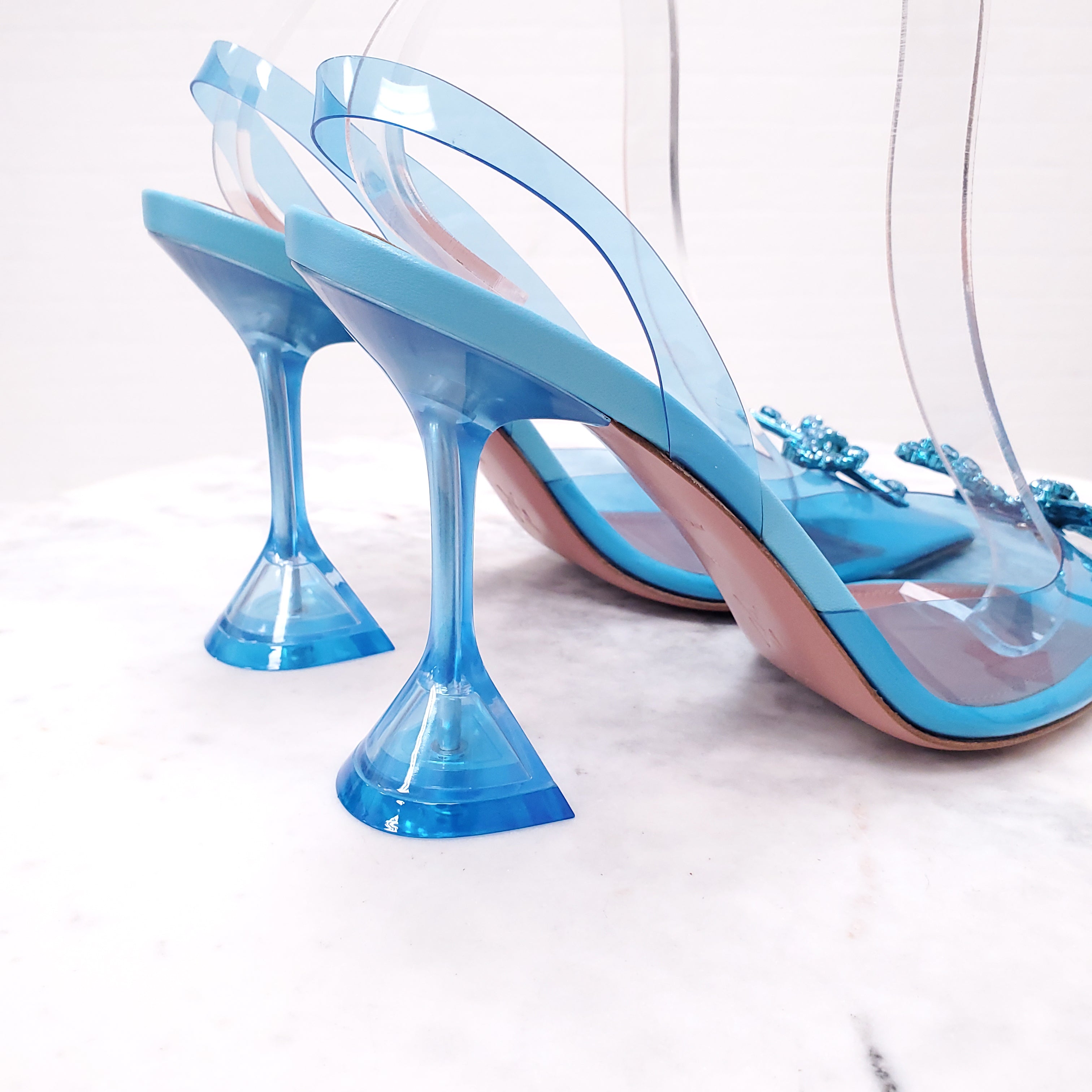 AMINA MUADDI BLUE PVC ROSIE GLASS HEELS WITH CRYSTAL BOW - SIZE 38