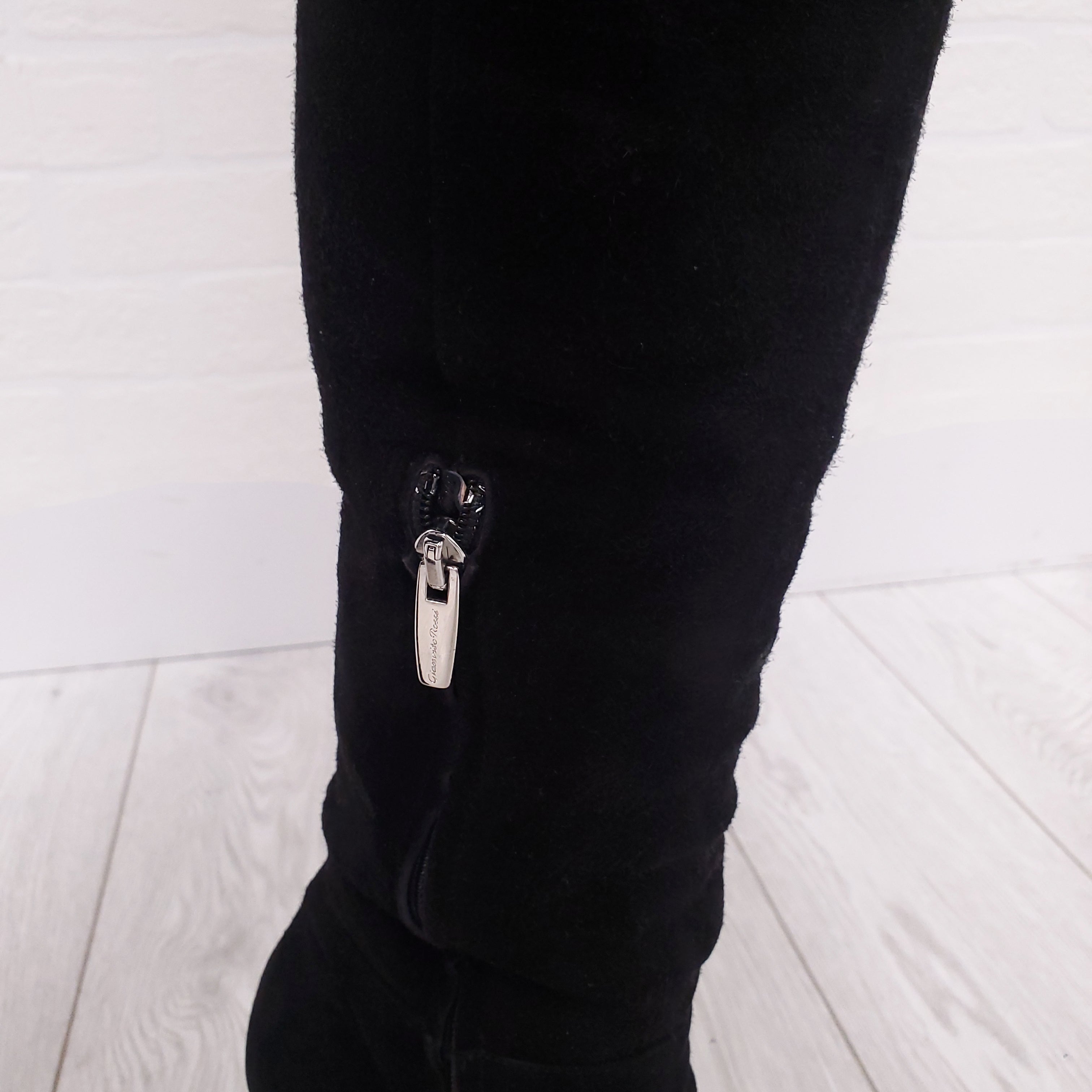 GIANVITO ROSSI BLACK SUEDE FOLDED KNEE HIGH BOOT - SIZE 38