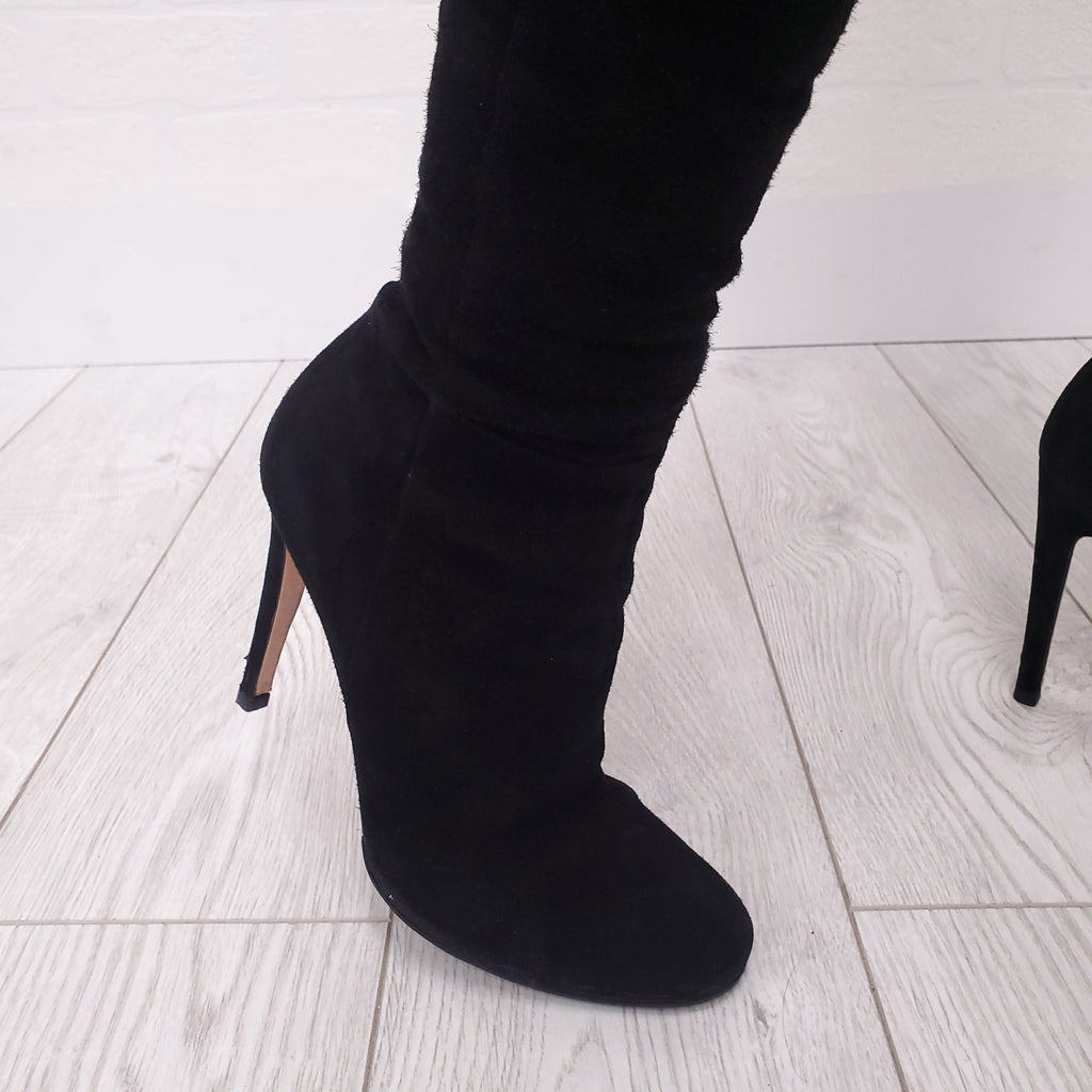 GIANVITO ROSSI BLACK SUEDE FOLDED KNEE HIGH BOOT - SIZE 38