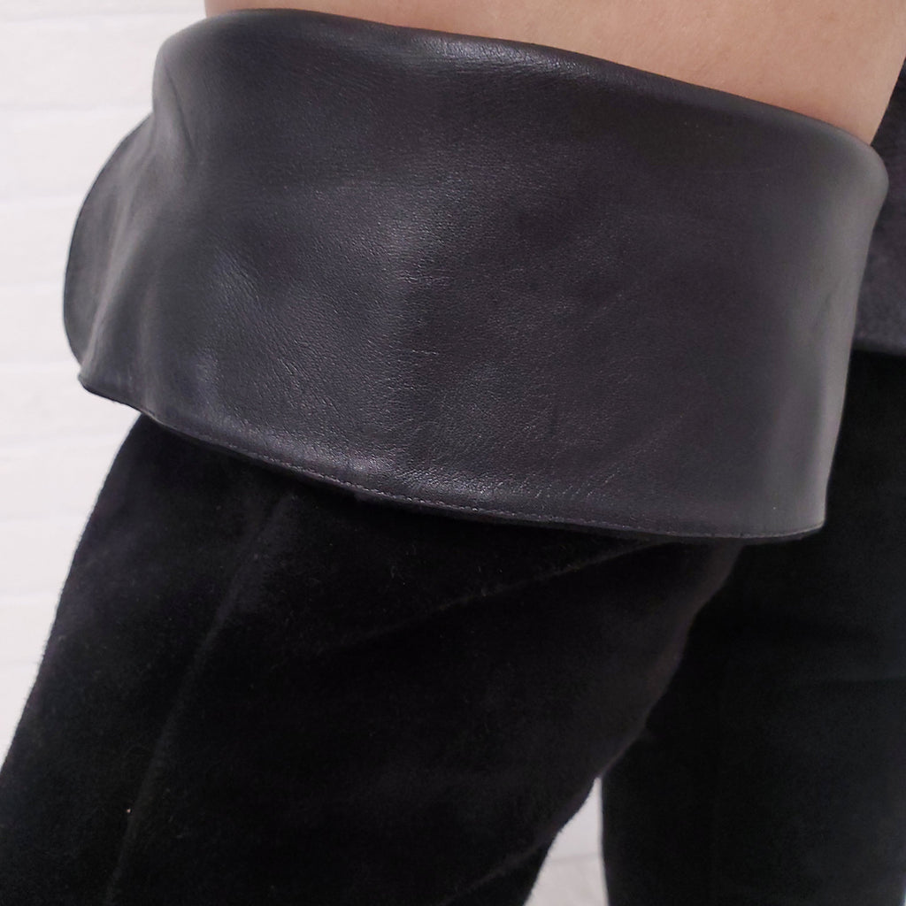 GIANVITO ROSSI BLACK SUEDE FOLDED KNEE HIGH BOOT - SIZE 38