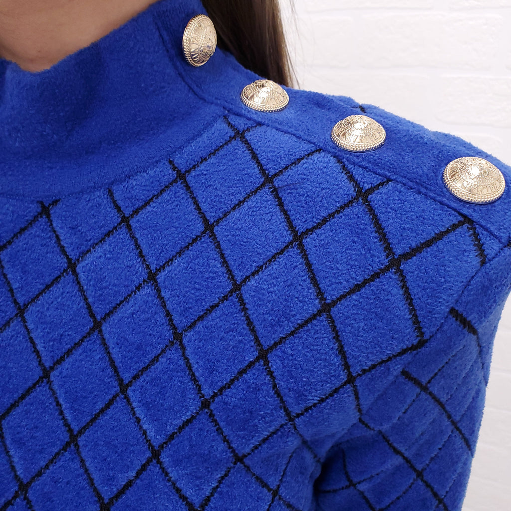 BALMAIN BLUE DRESS WITH GOLD BUTTONS - SIZE 38