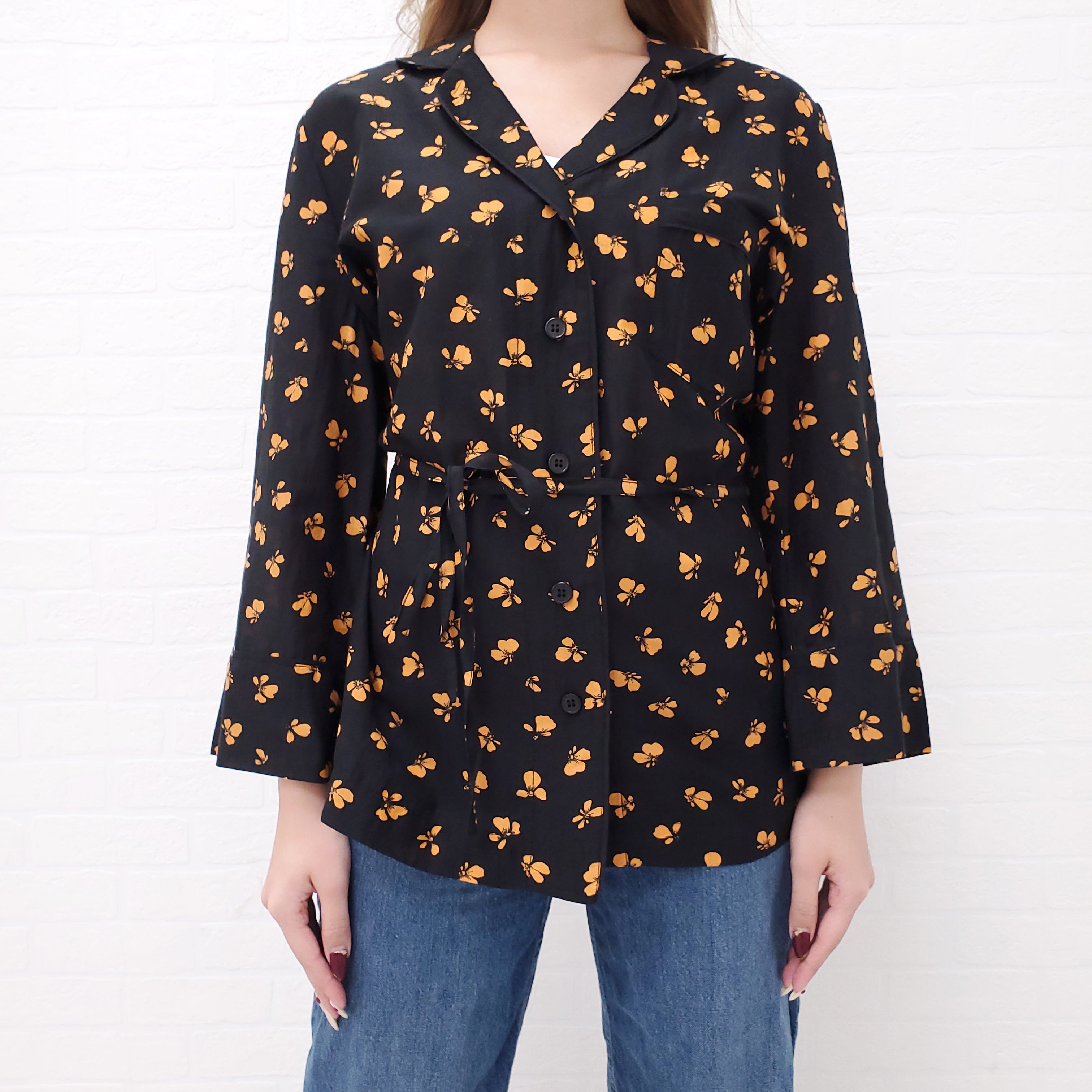 GANNI BLACK FLORAL PRINTED BLOUSE - SIZE 36
