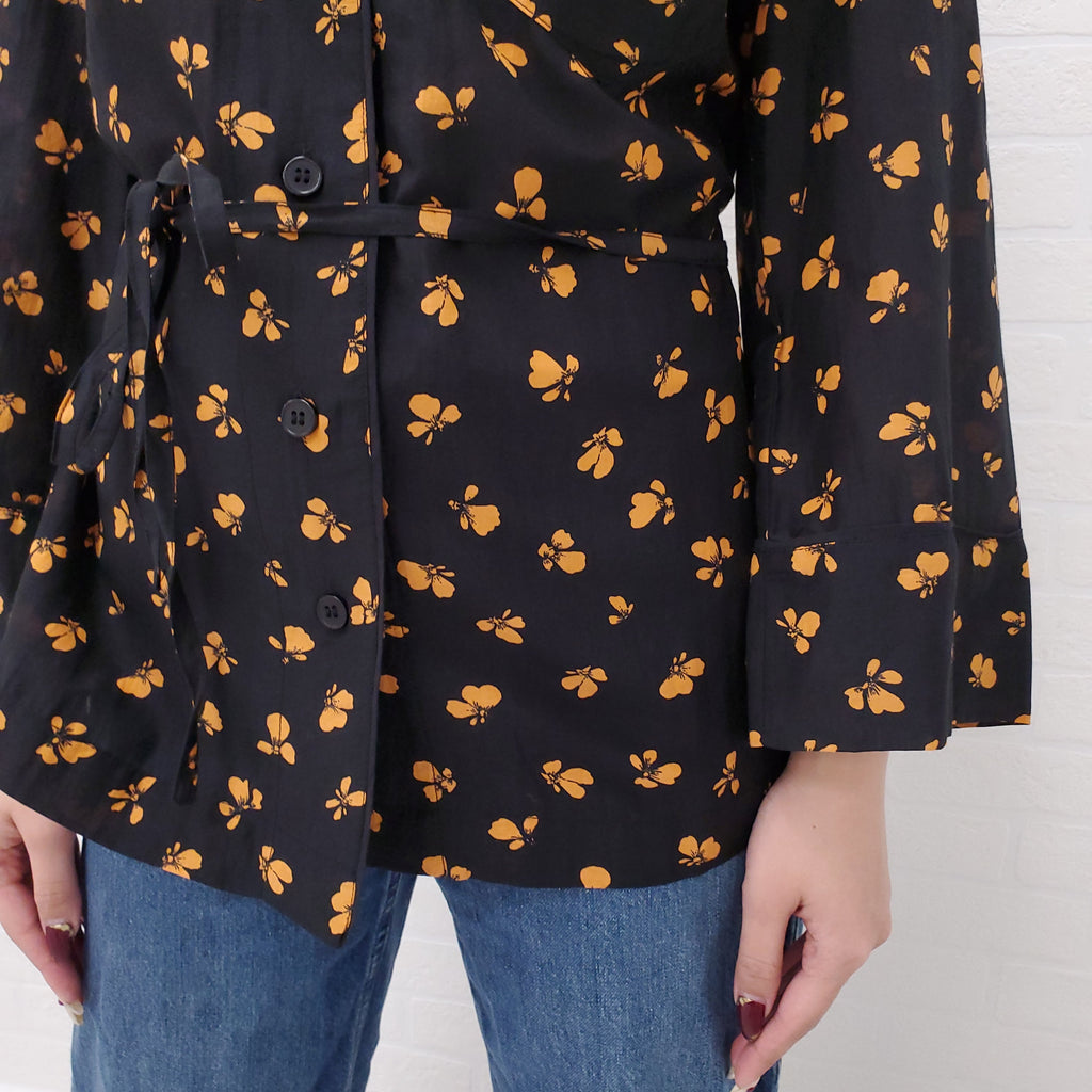 GANNI BLACK FLORAL PRINTED BLOUSE - SIZE 36