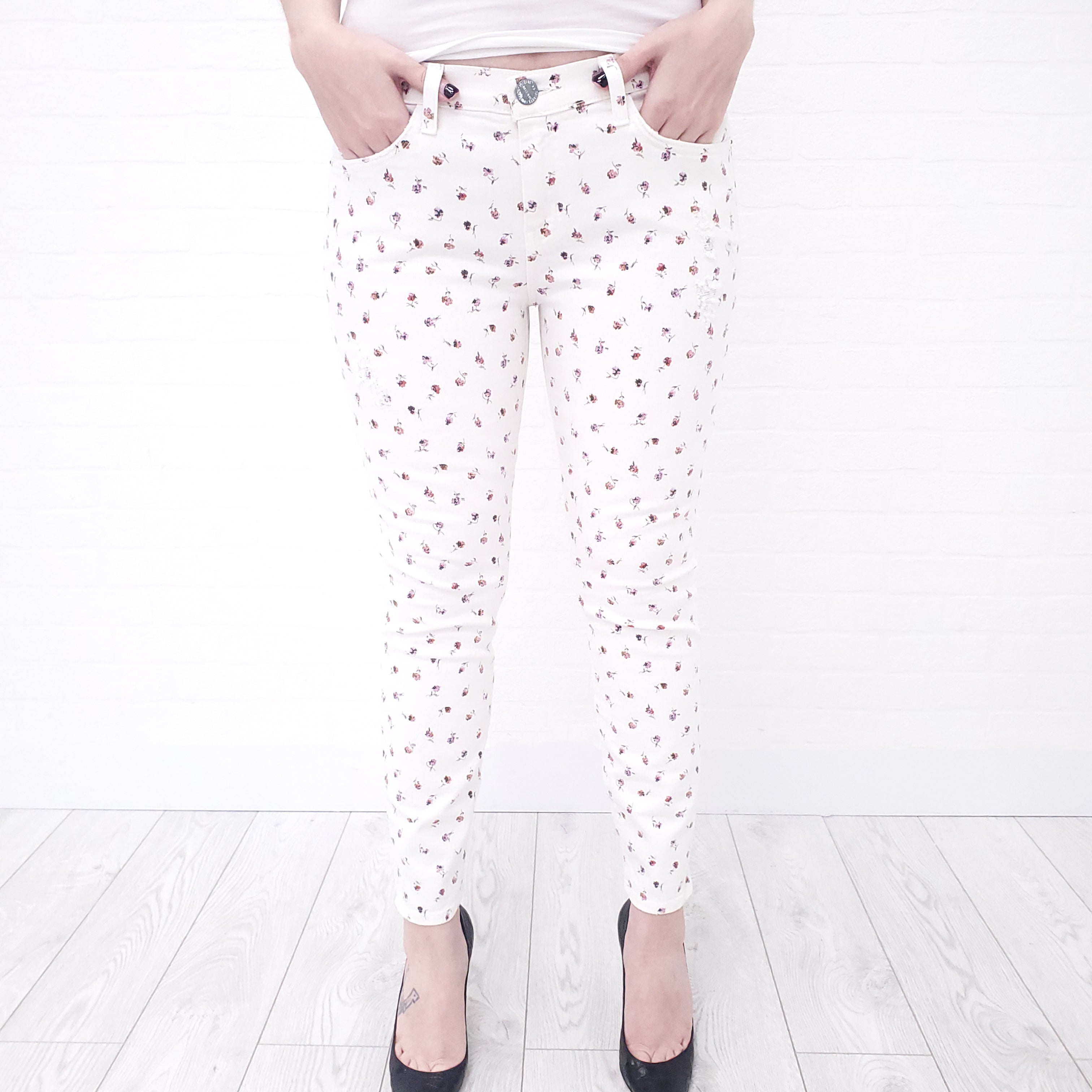 CURRENT/ELLIOTT FLORAL WHITE DENIM JEANS - SIZE 30