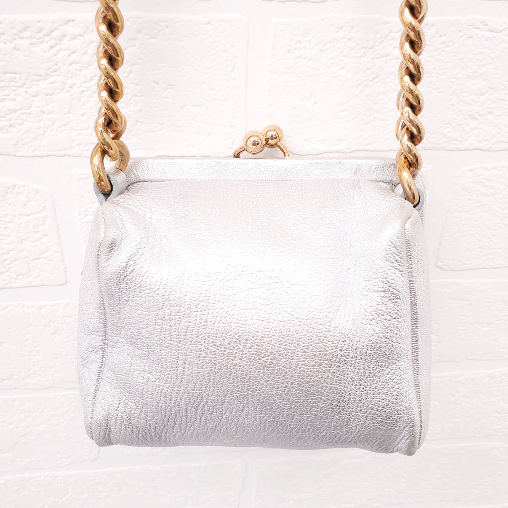 DOLCE & GABBANA SILVER LEATHER MINI PURSE WITH GOLD LOGO