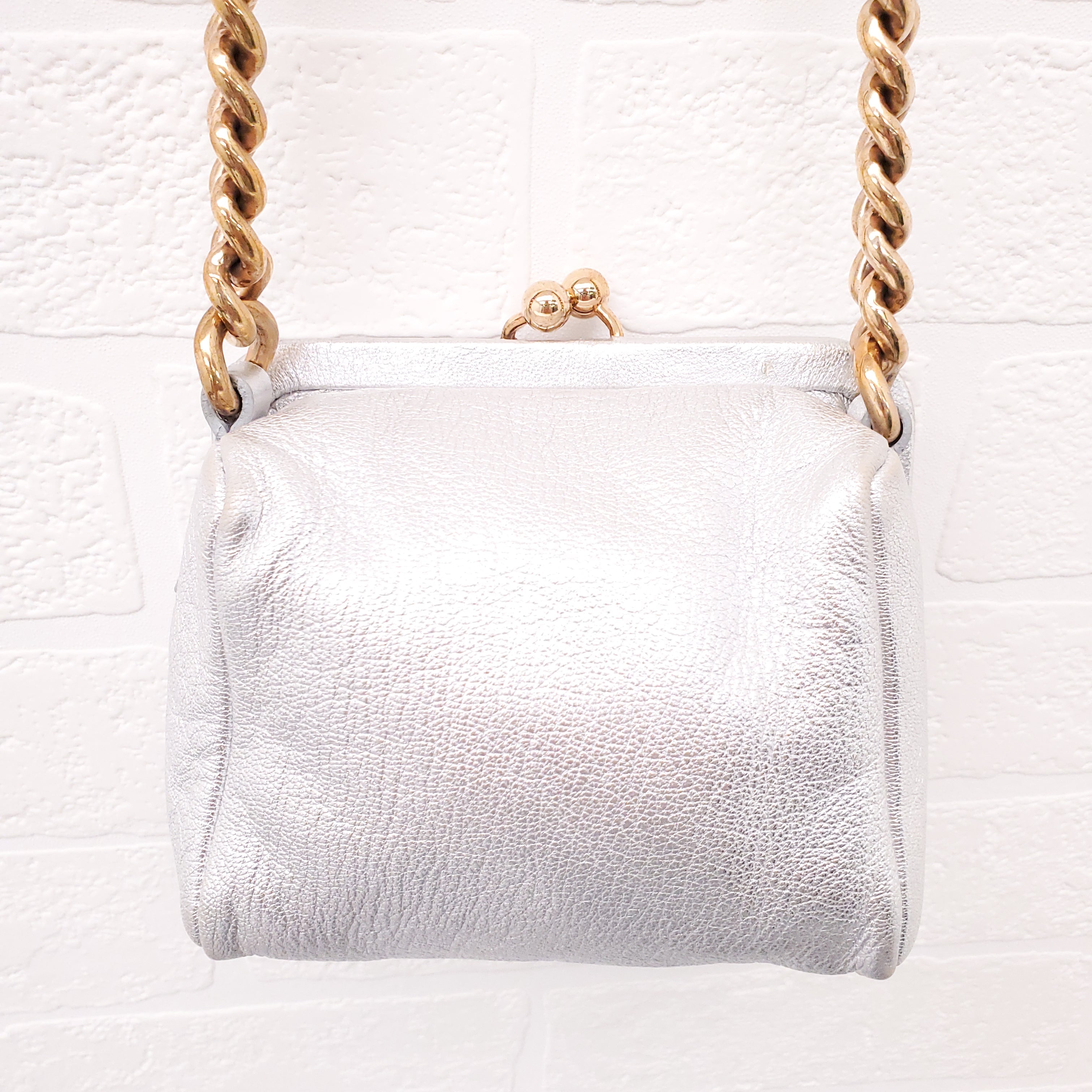DOLCE & GABBANA SILVER LEATHER MINI PURSE WITH GOLD LOGO