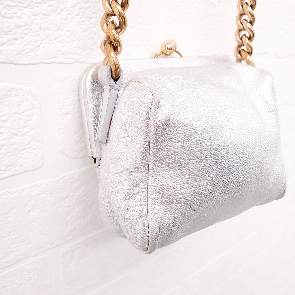 DOLCE & GABBANA SILVER LEATHER MINI PURSE WITH GOLD LOGO