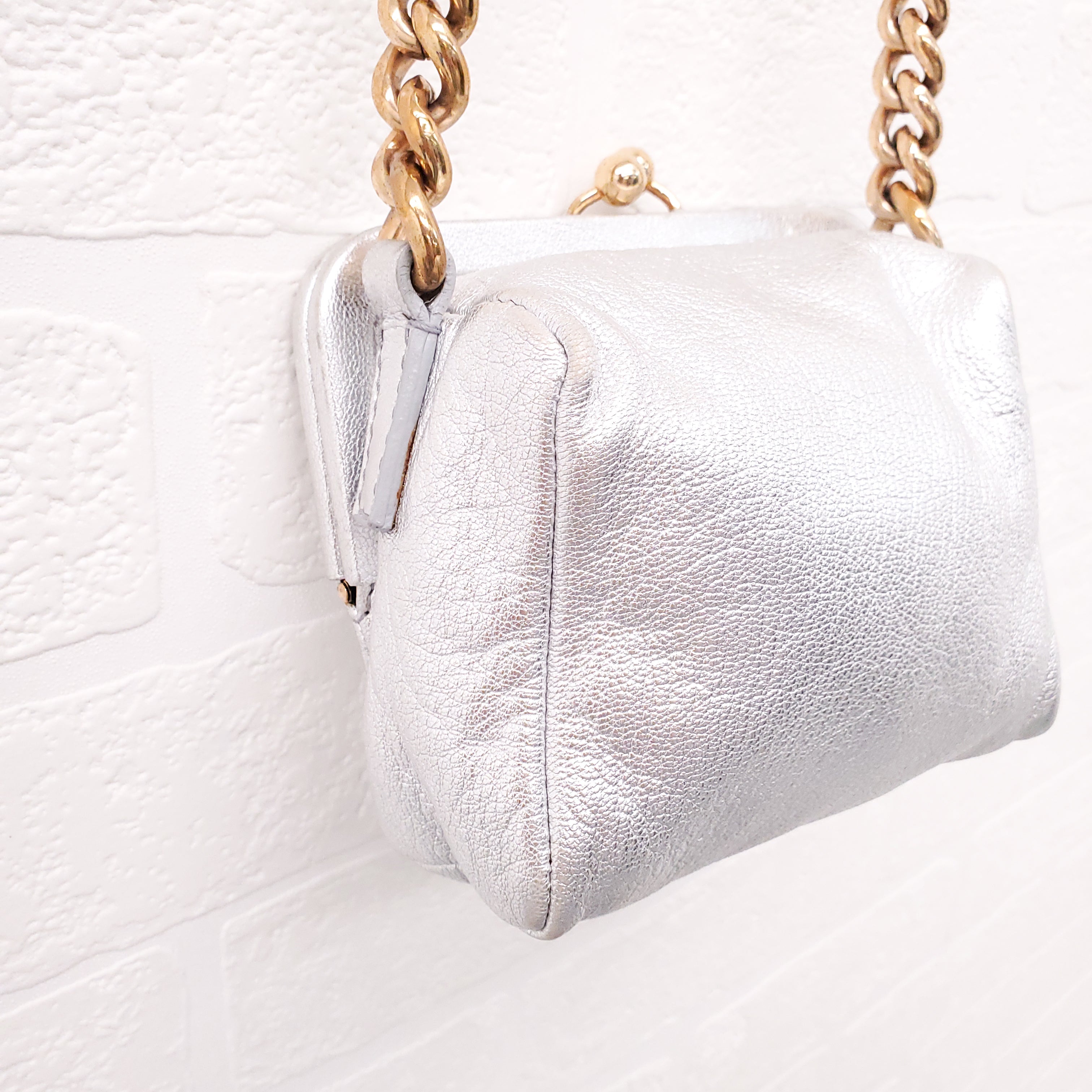DOLCE & GABBANA SILVER LEATHER MINI PURSE WITH GOLD LOGO