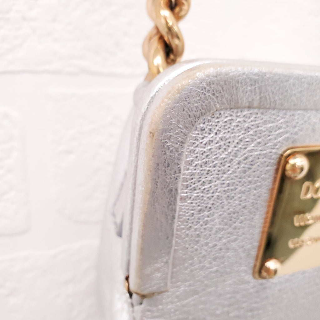 DOLCE & GABBANA SILVER LEATHER MINI PURSE WITH GOLD LOGO