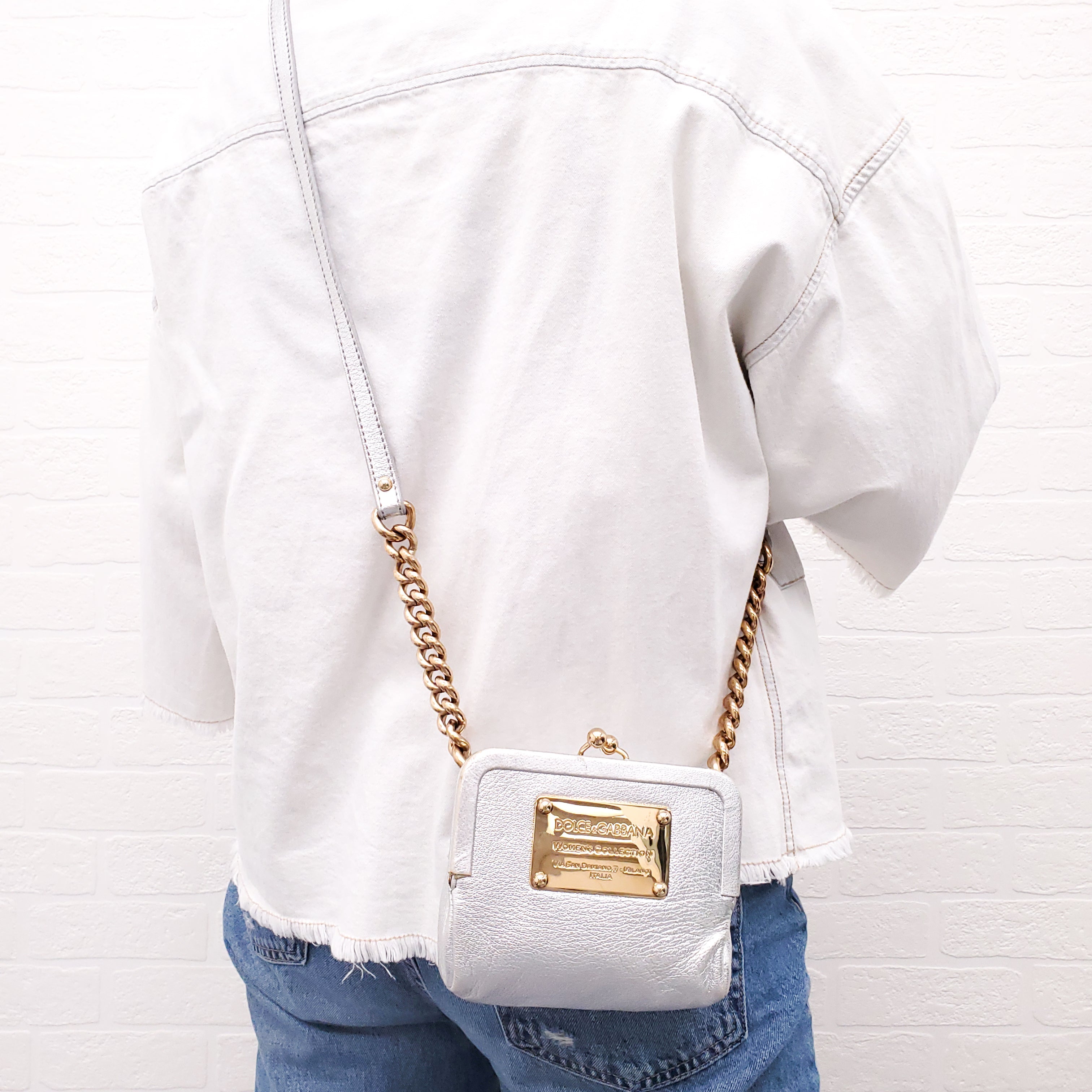DOLCE & GABBANA SILVER LEATHER MINI PURSE WITH GOLD LOGO