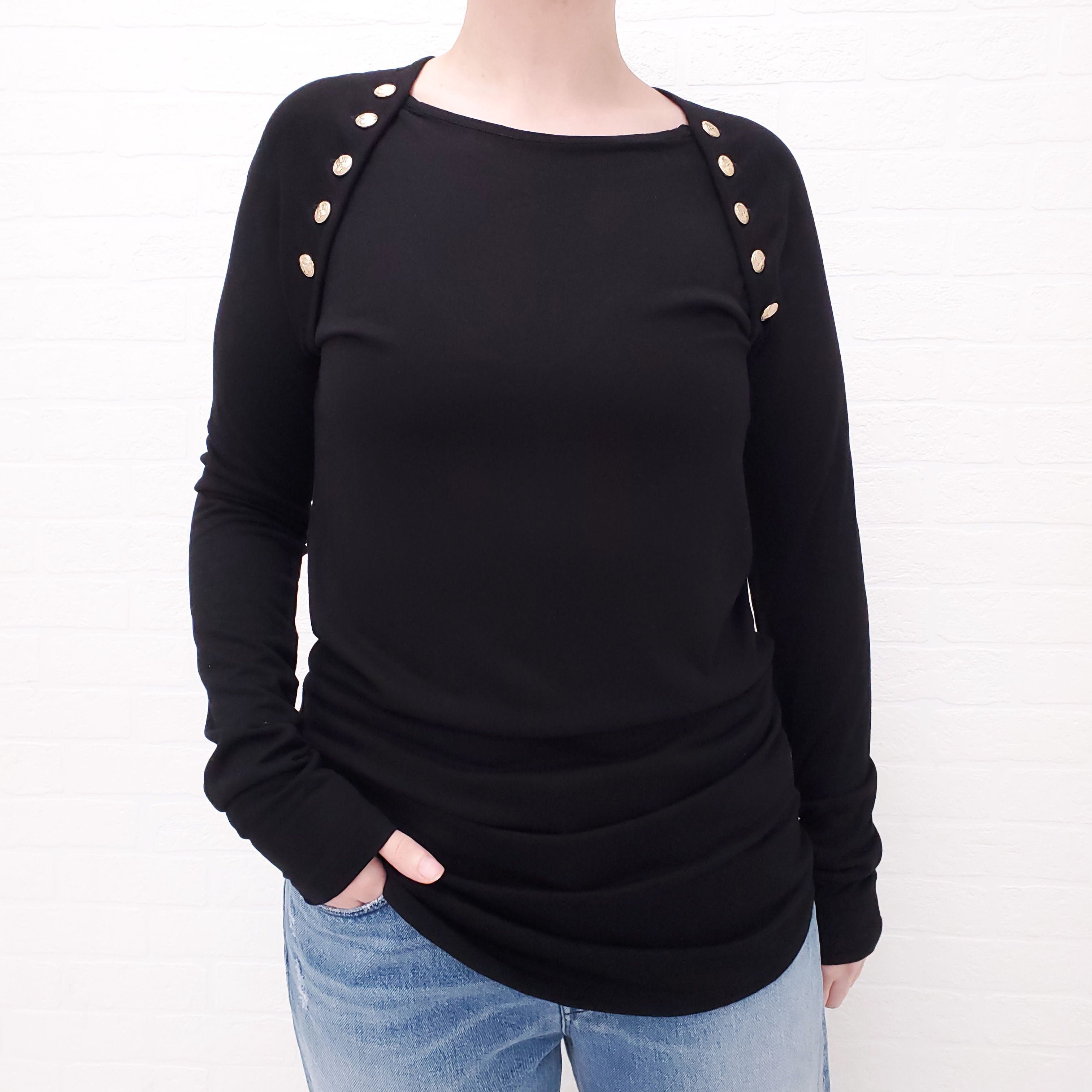 BALMAIN BLACK TUNIC TOP WITH GOLD BUTTONS - SIZE 40