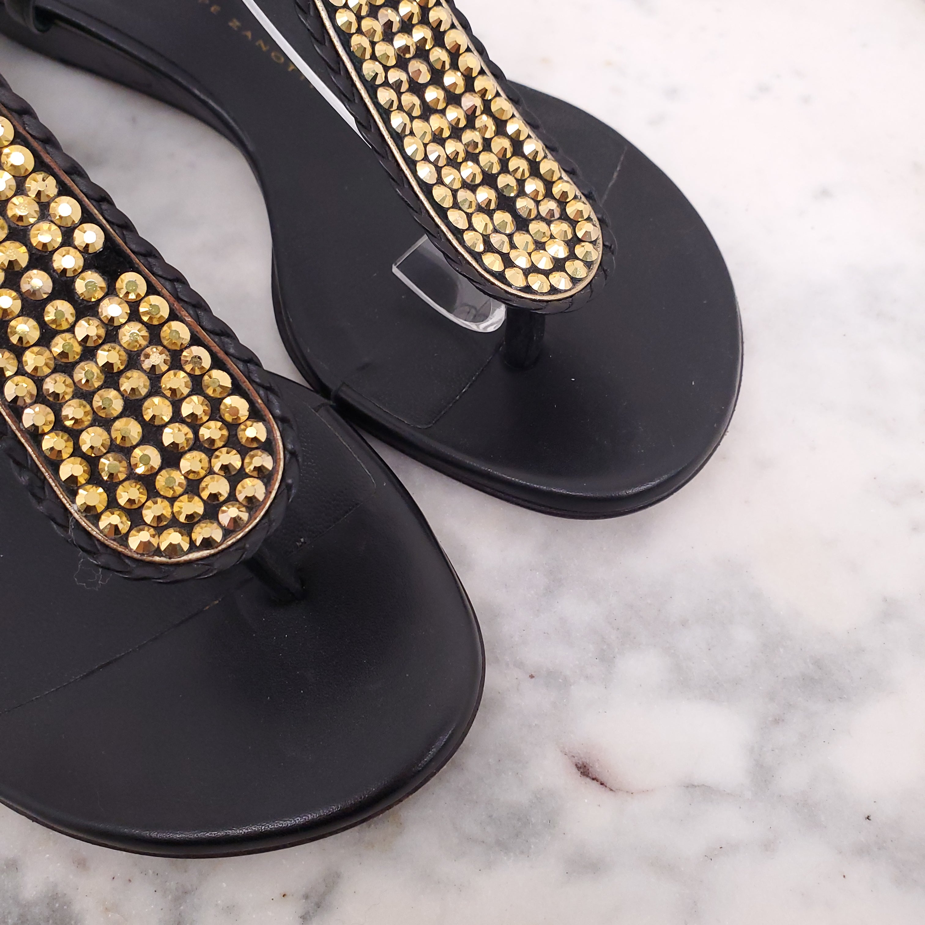 GIUSEPPE ZANOTTI BLACK AND GOLD SANDALS - SIZE 36