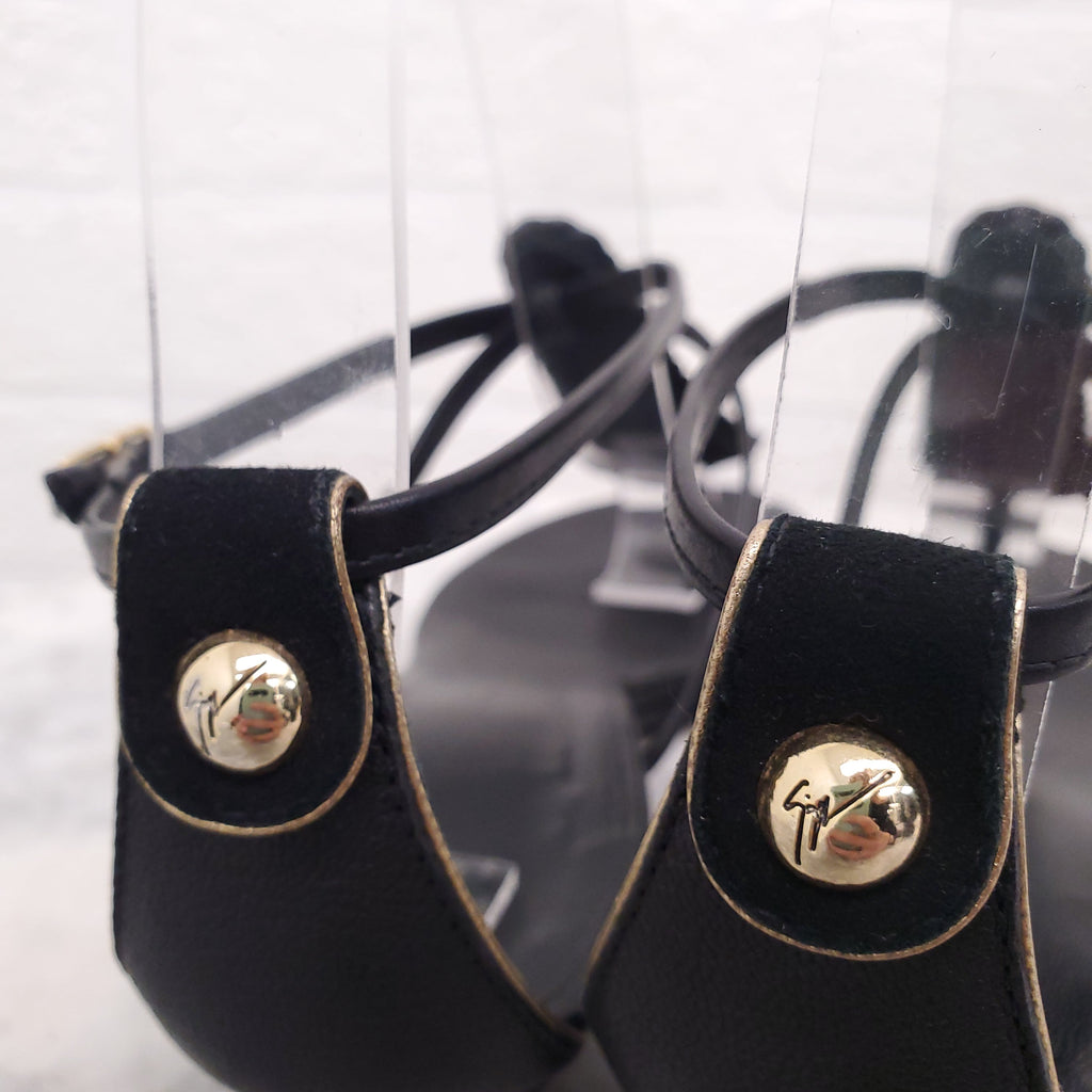 GIUSEPPE ZANOTTI BLACK AND GOLD SANDALS - SIZE 36