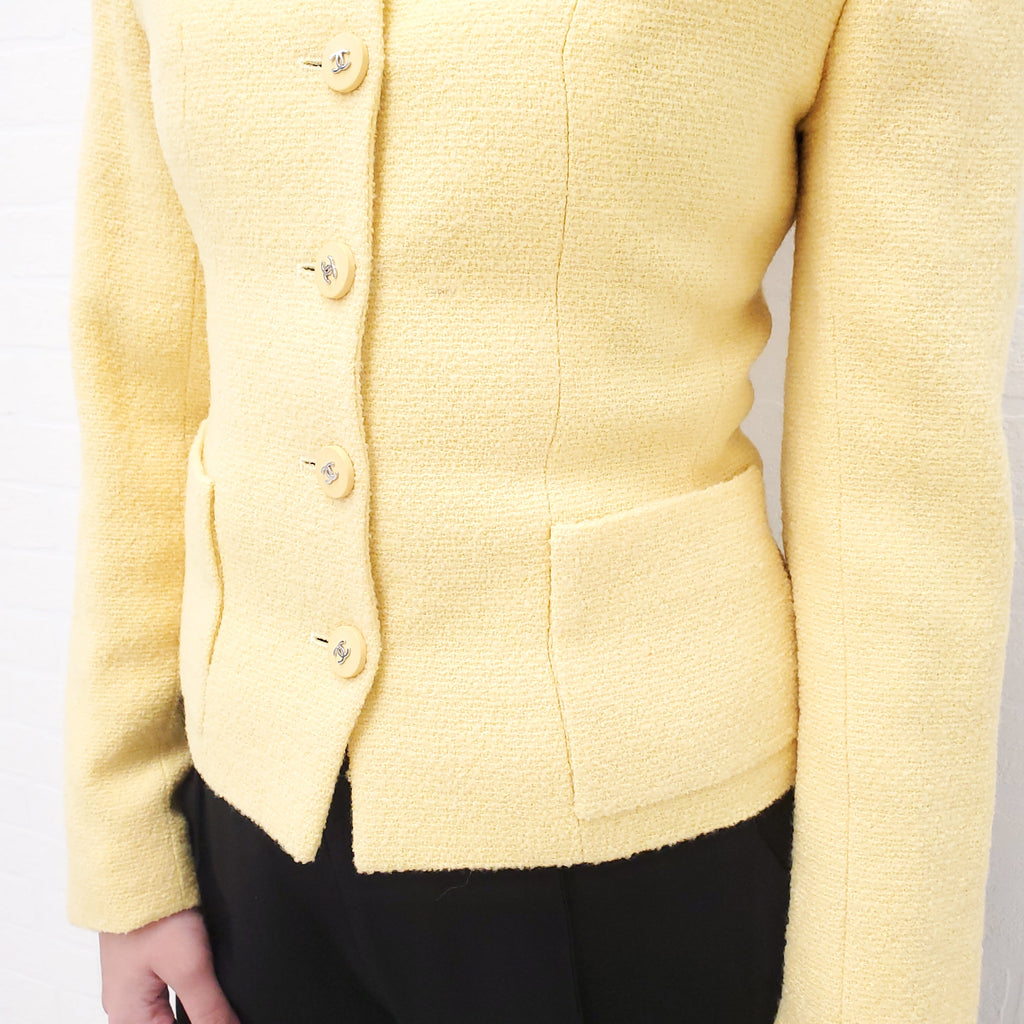 CHANEL YELLOW TWEED JACKET WITH LOGO BUTTONS - SIZE 36