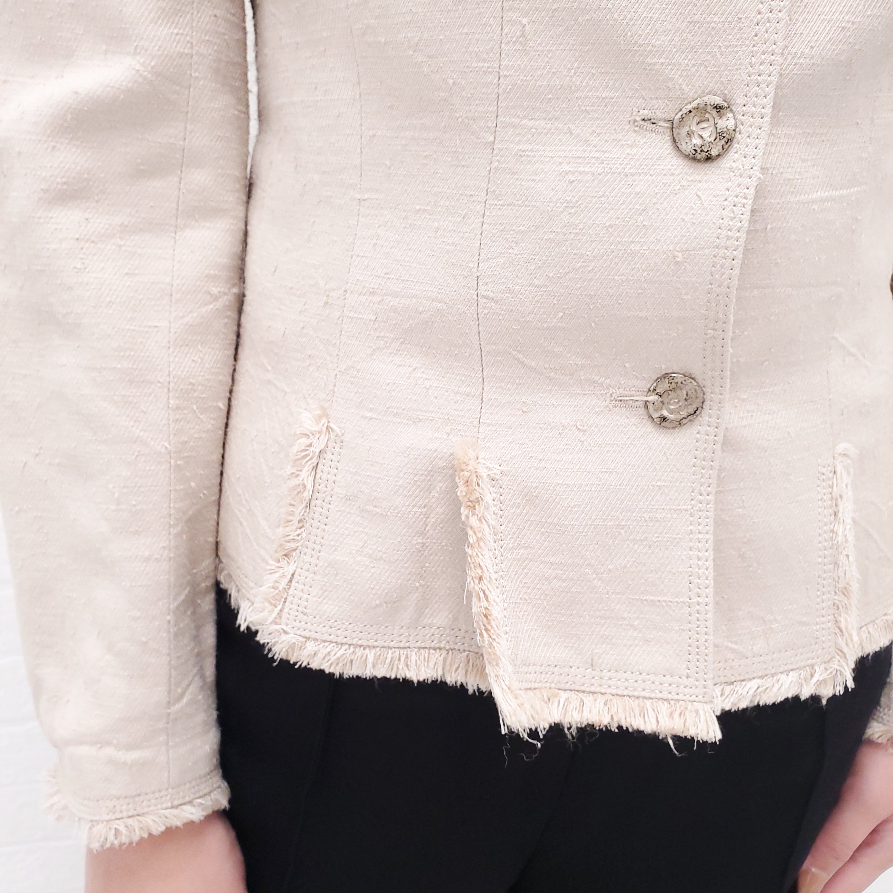 CHANEL NUDE DENIM JACKET WITH LOGO BUTTONS - SIZE 38