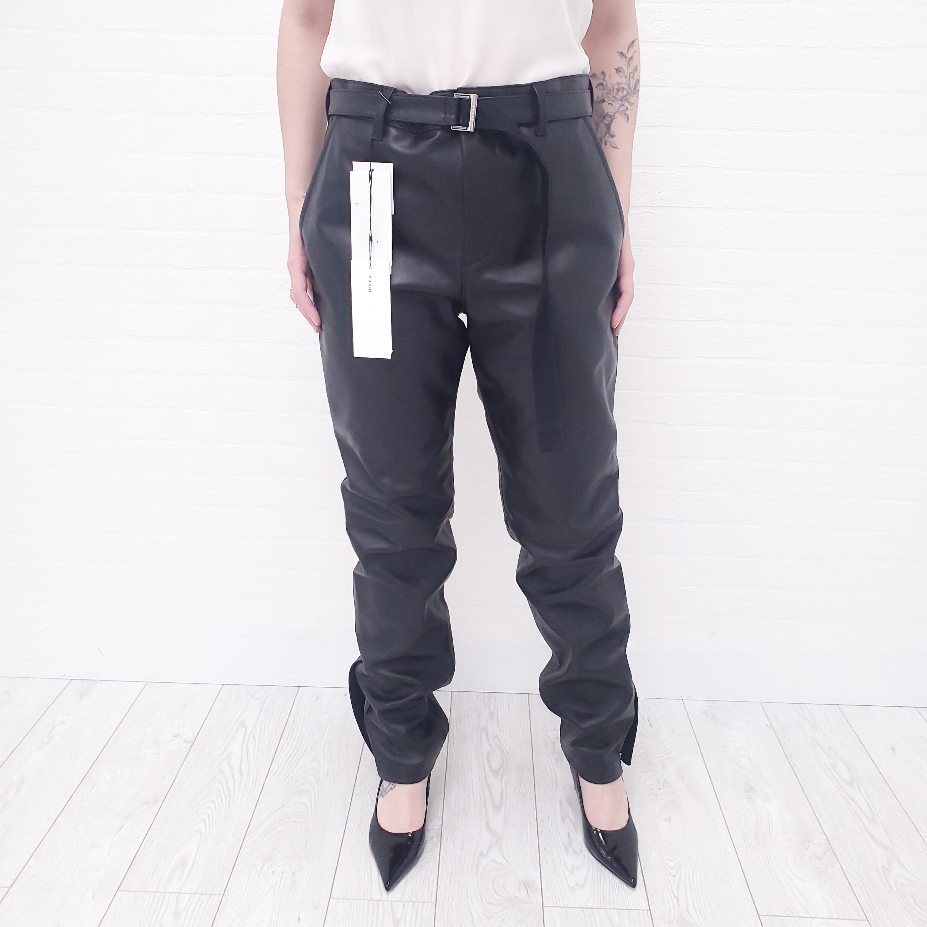 SACAI BLACK COWHIDE LEATHER PANTS WITH BELT - SIZE 4/XL