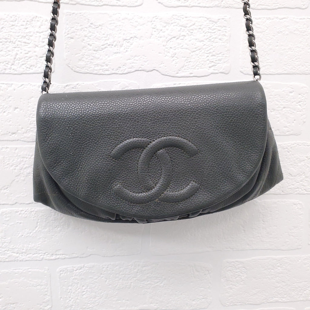 CHANEL KAKI HALF CRESCENT INTERLOCKING CC WALLET ON CHAIN