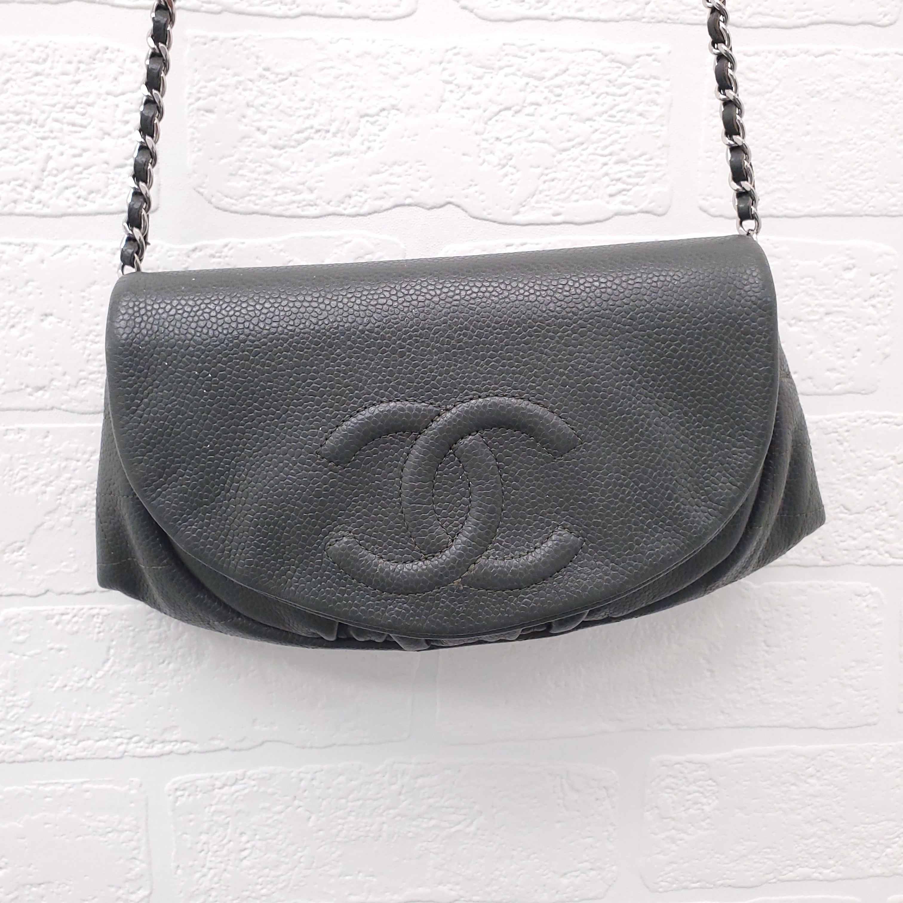 CHANEL KAKI HALF CRESCENT INTERLOCKING CC WALLET ON CHAIN