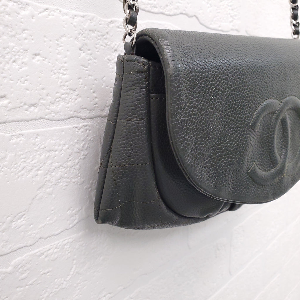 CHANEL KAKI HALF CRESCENT INTERLOCKING CC WALLET ON CHAIN