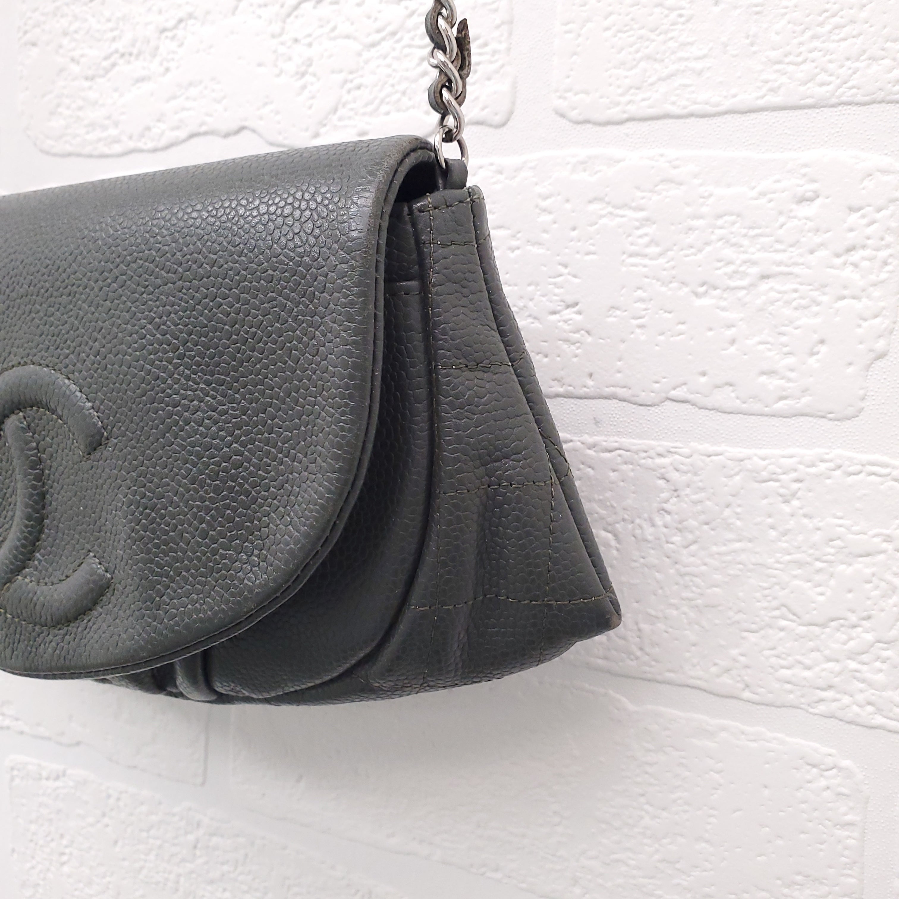 CHANEL KAKI HALF CRESCENT INTERLOCKING CC WALLET ON CHAIN