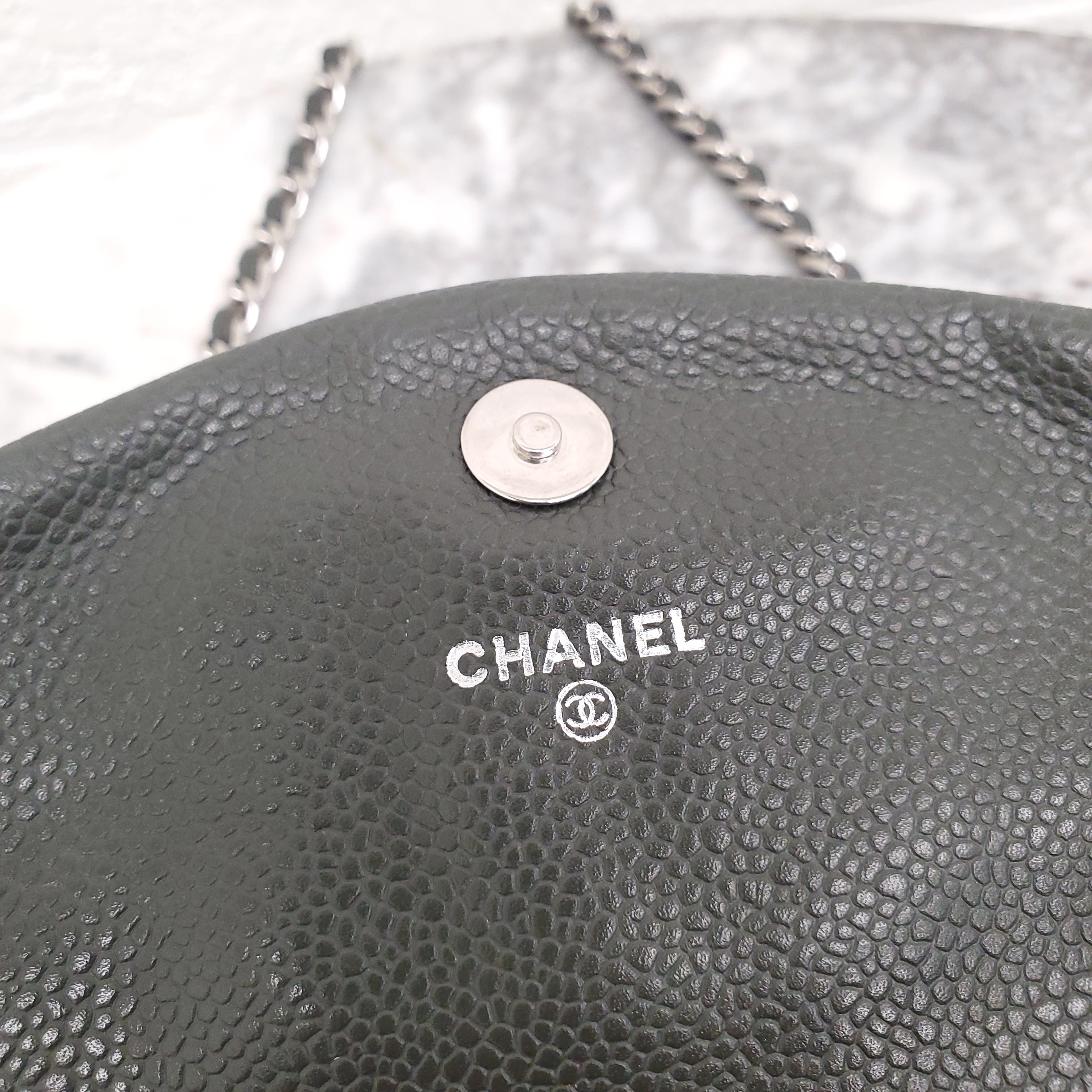 CHANEL KAKI HALF CRESCENT INTERLOCKING CC WALLET ON CHAIN