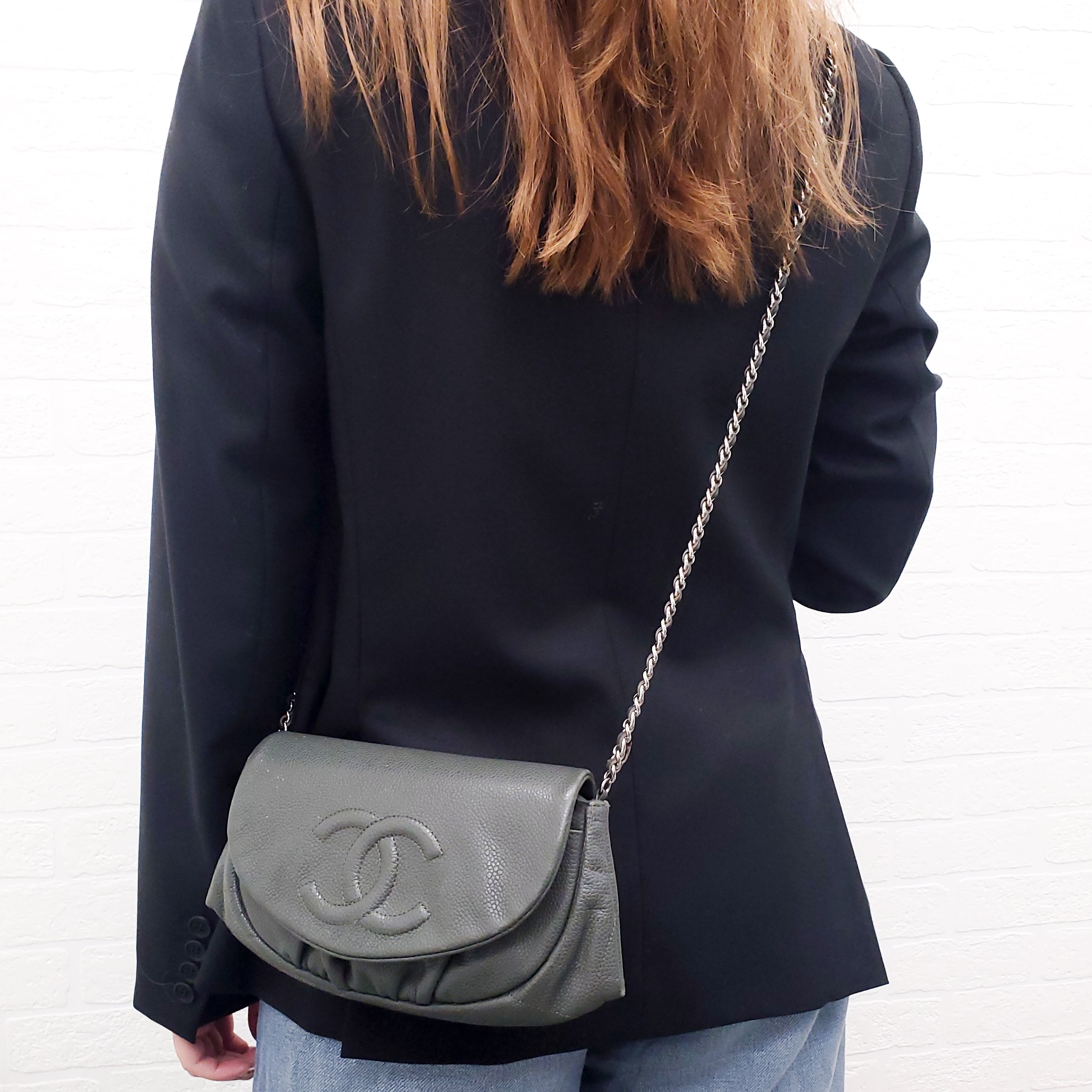 CHANEL KAKI HALF CRESCENT INTERLOCKING CC WALLET ON CHAIN