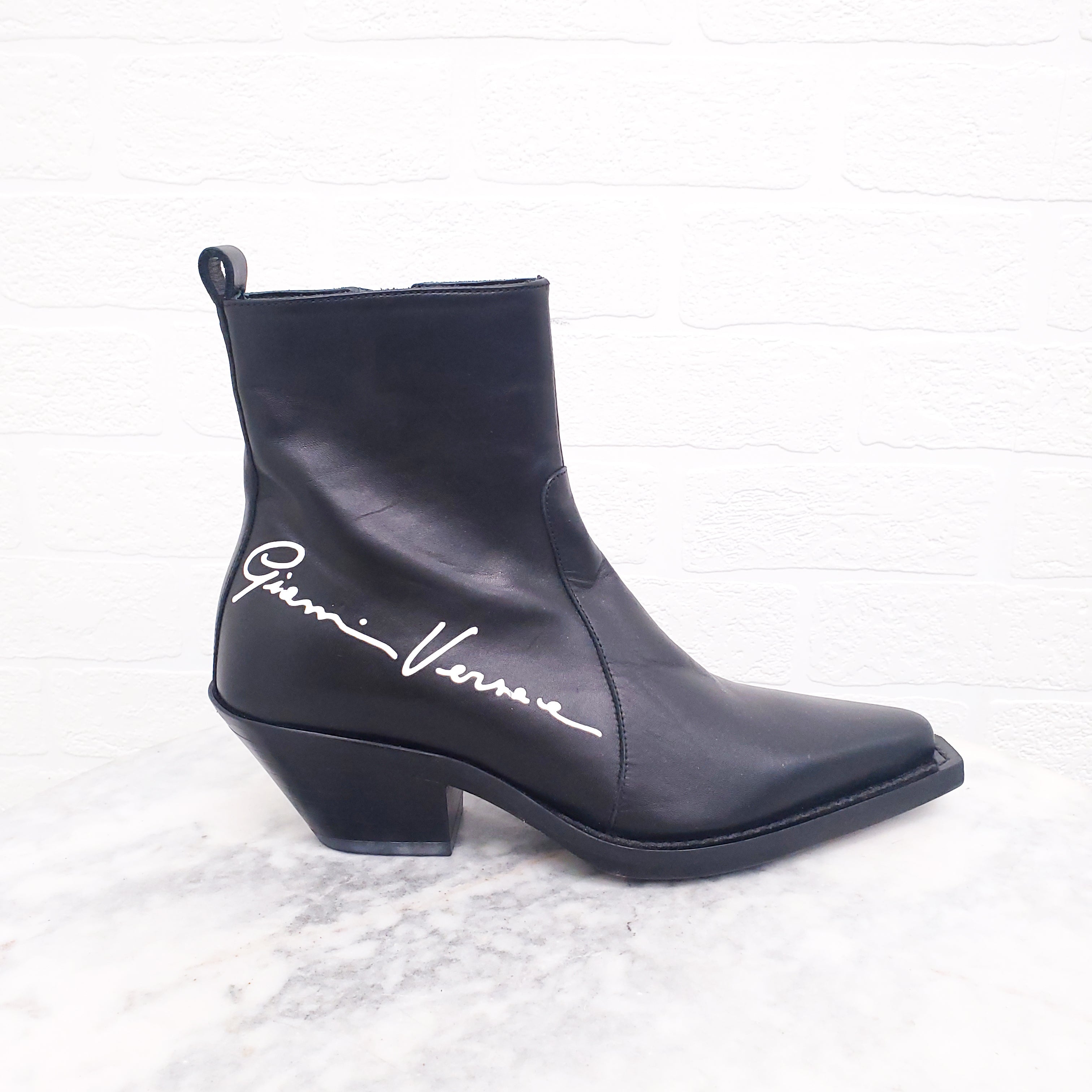 VERSACE BLACK LEATHER LOGO COWBOY BOOTS - SIZE 35
