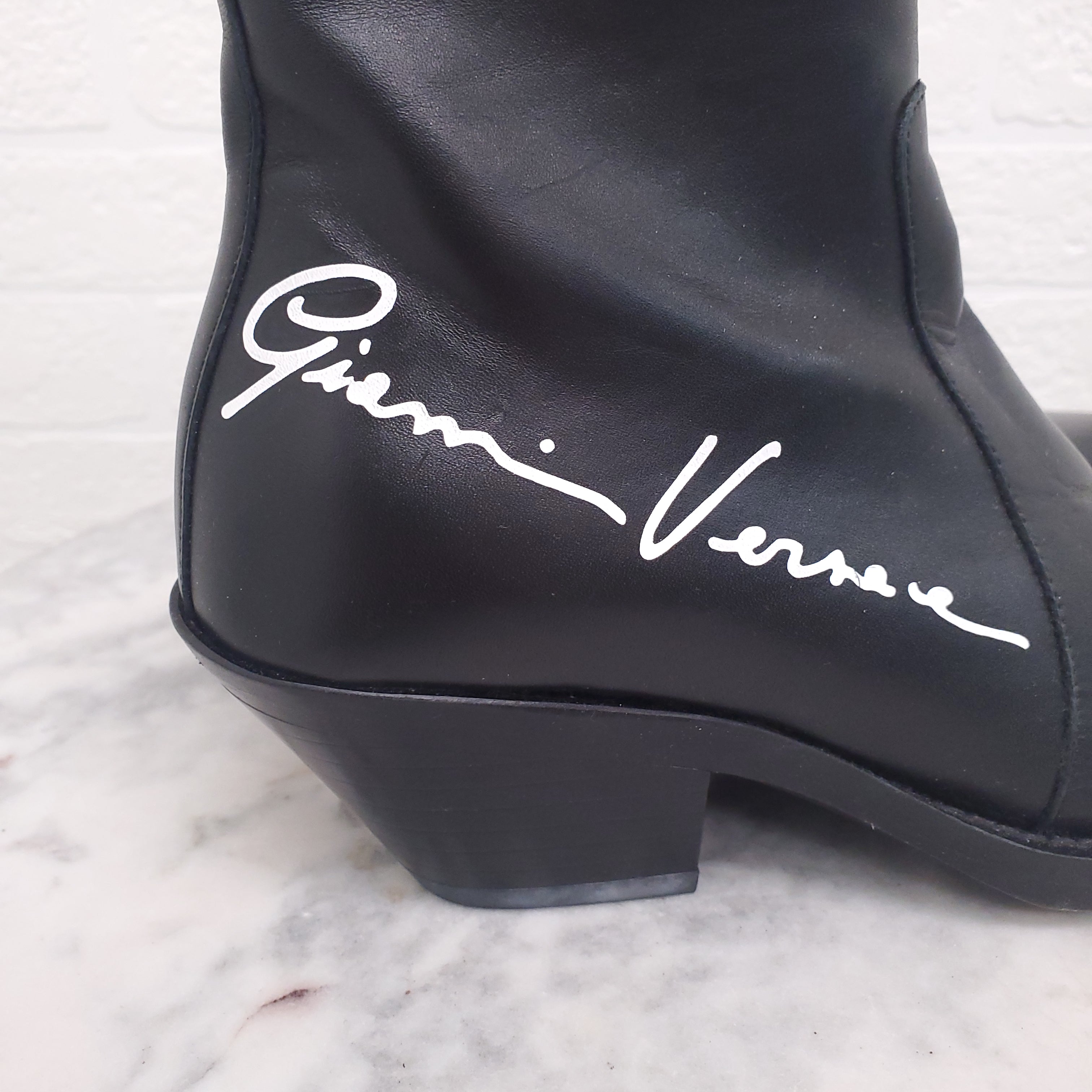 VERSACE BLACK LEATHER LOGO COWBOY BOOTS - SIZE 35