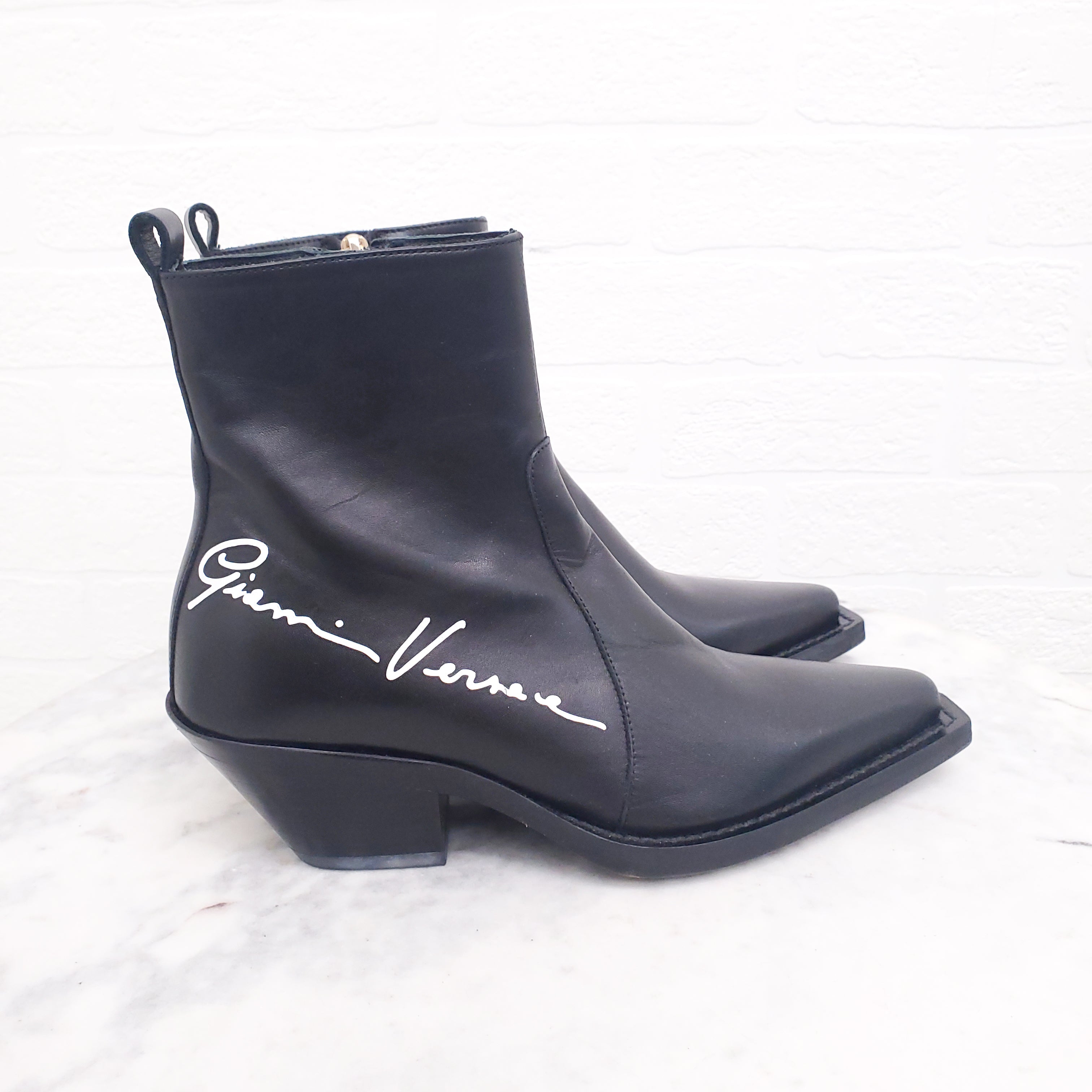 VERSACE BLACK LEATHER LOGO COWBOY BOOTS - SIZE 35