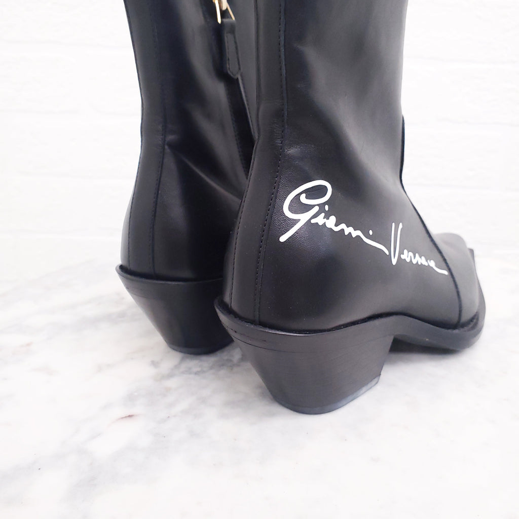 VERSACE BLACK LEATHER LOGO COWBOY BOOTS - SIZE 35