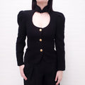 ALESSANDRA RICH BLACK CORD TRIMMED CUT OUT BOUCLE JACKET - SIZE 40