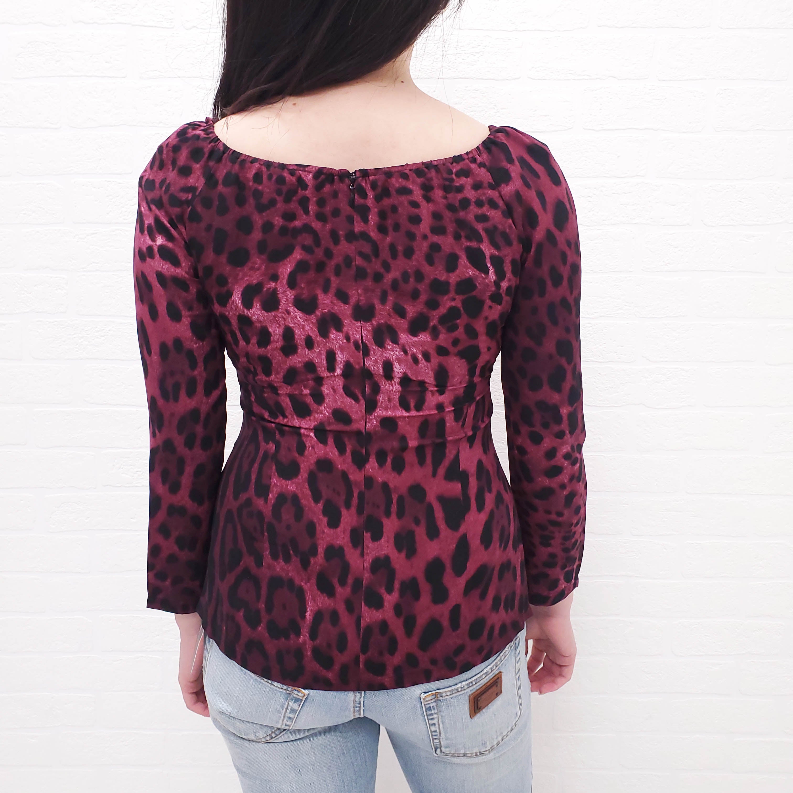 DOLCE & GABBANA BURGUNDY LEOPARD BLOUSE WITH TIE - SIZE 40