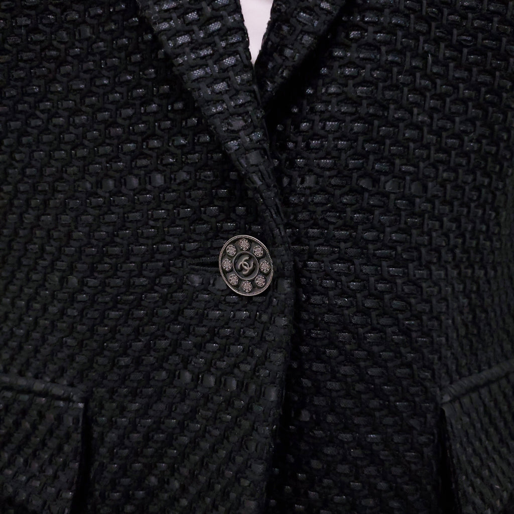 CHANEL BLACK LUREX TWEED JACKET WITH LOGO BUTTONS - SIZE 42