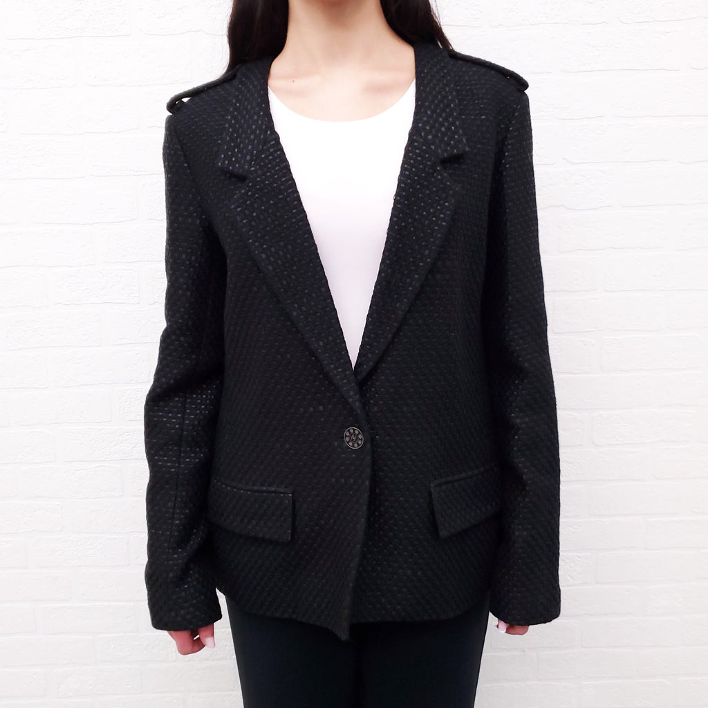 CHANEL BLACK LUREX TWEED JACKET WITH LOGO BUTTONS - SIZE 42