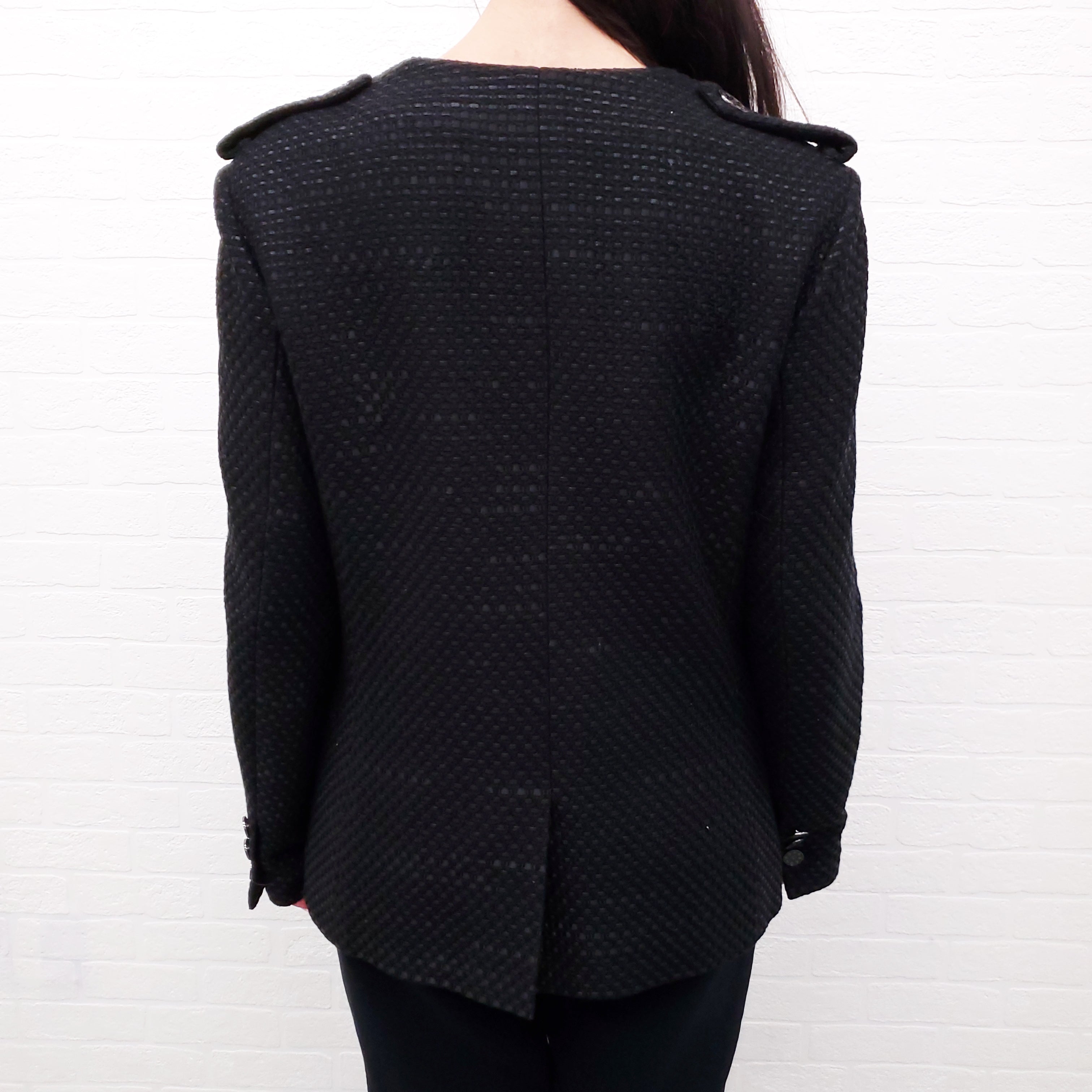 CHANEL BLACK LUREX TWEED JACKET WITH LOGO BUTTONS - SIZE 42