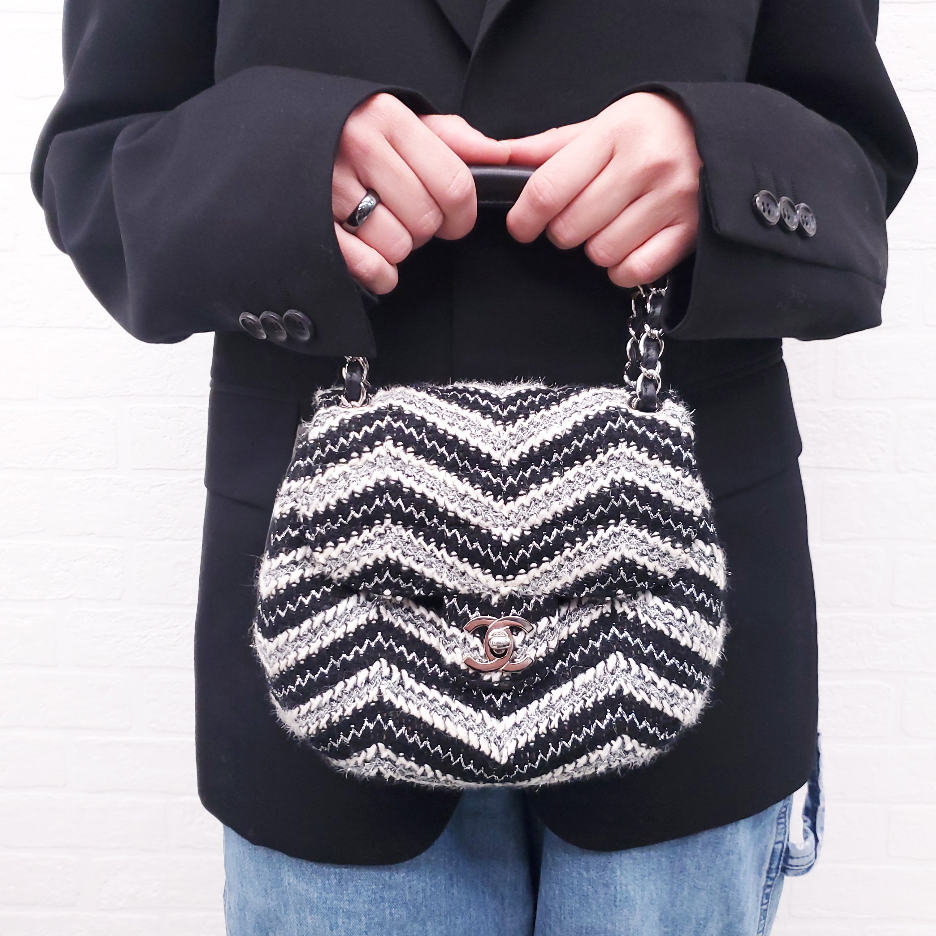 CHANEL TWEED CHEVRON TOP HANDLE FLAP BAG