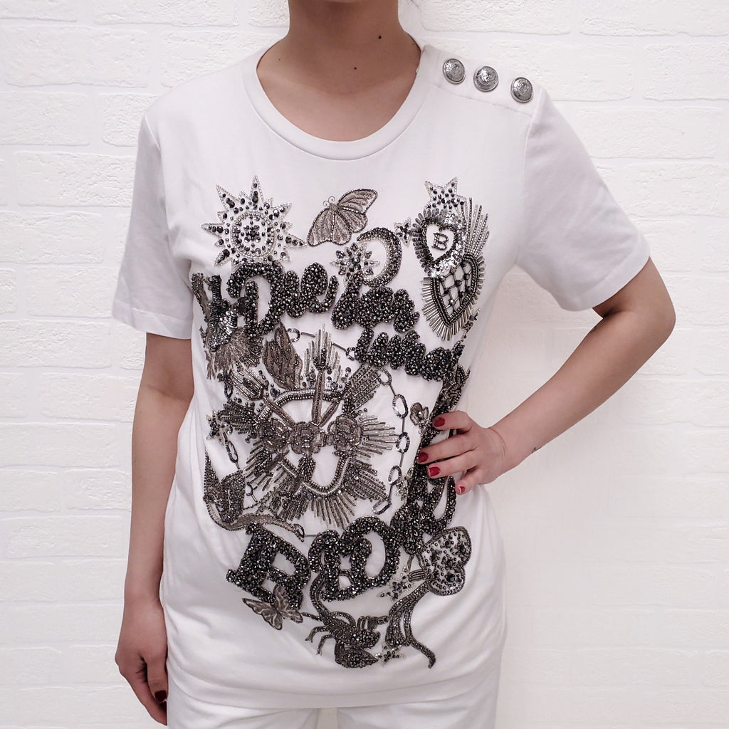 BALMAIN WHITE 'DIE FOR WHAT YOU LOVE' BEADED T-SHIRT - SIZE S
