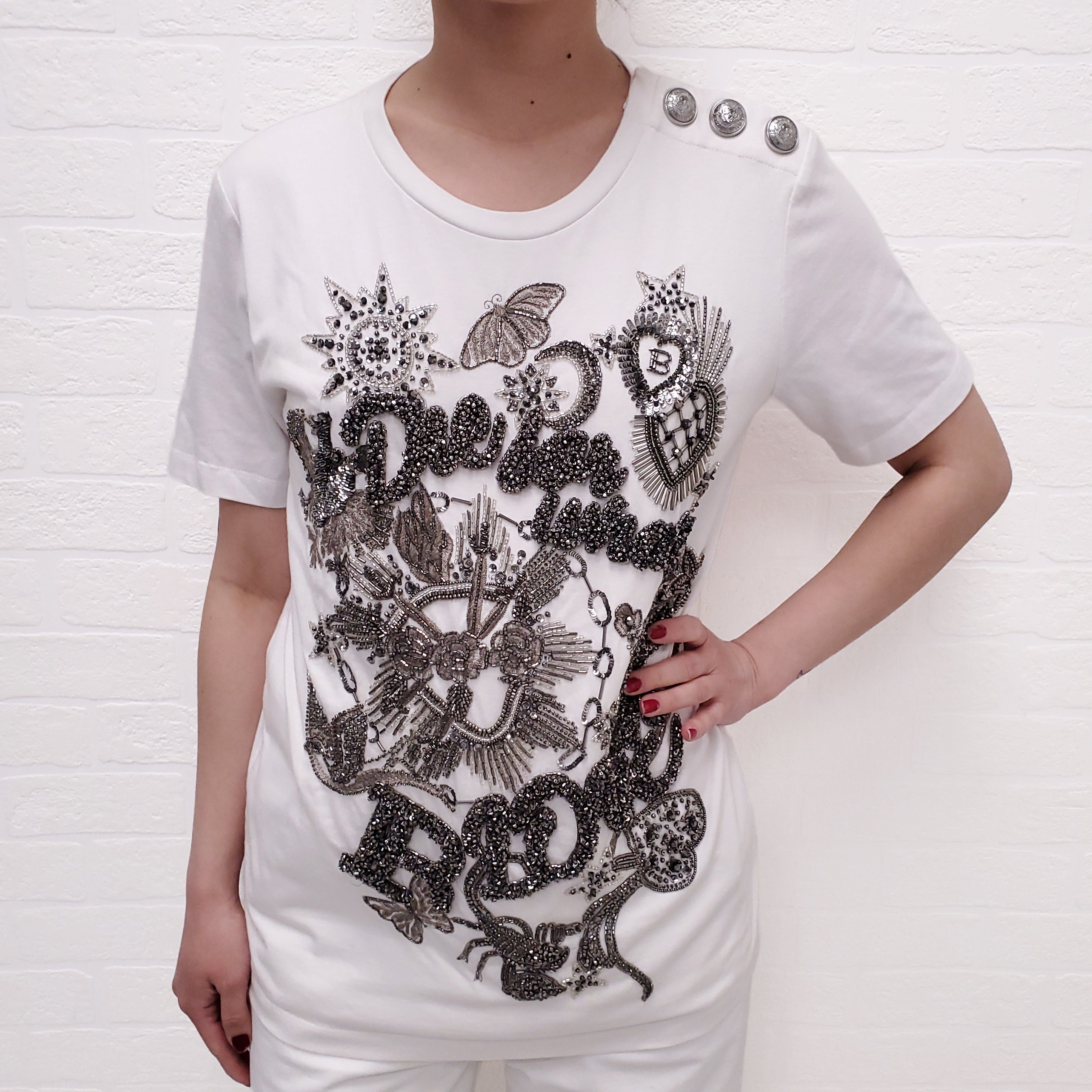 BALMAIN WHITE 'DIE FOR WHAT YOU LOVE' BEADED T-SHIRT - SIZE S