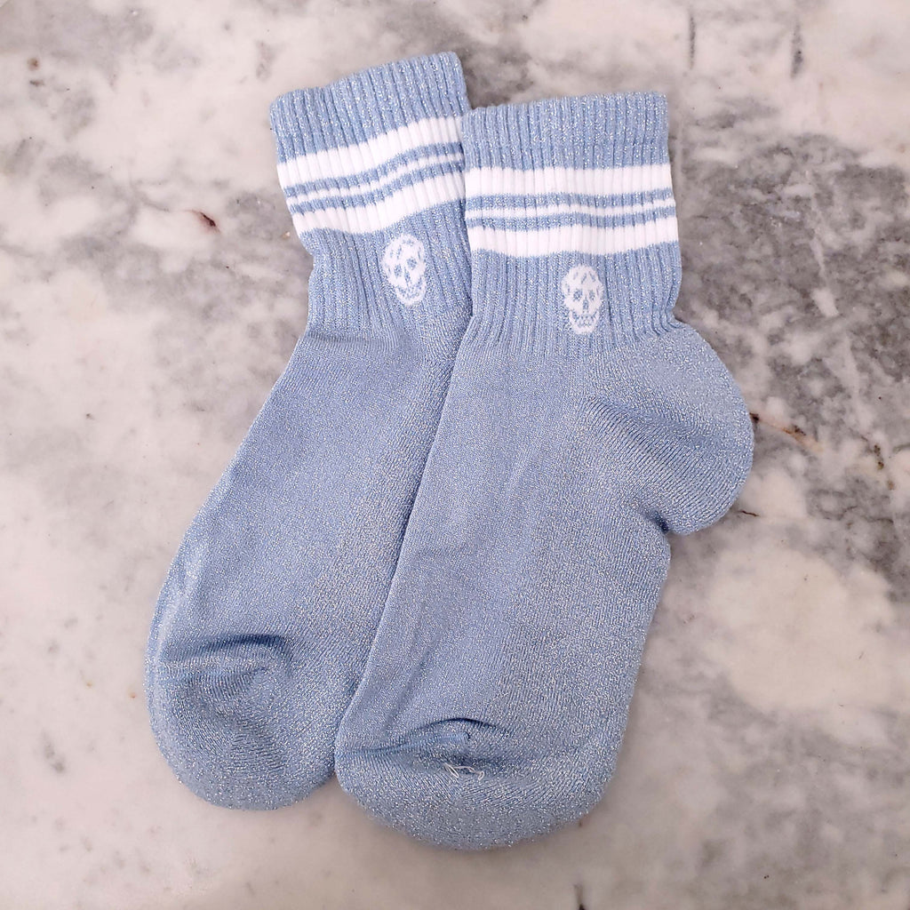 ALEXANDER MCQUEEN BLUE SHIMMER SOCKS WITH WHITE STRIPE - SIZE XS