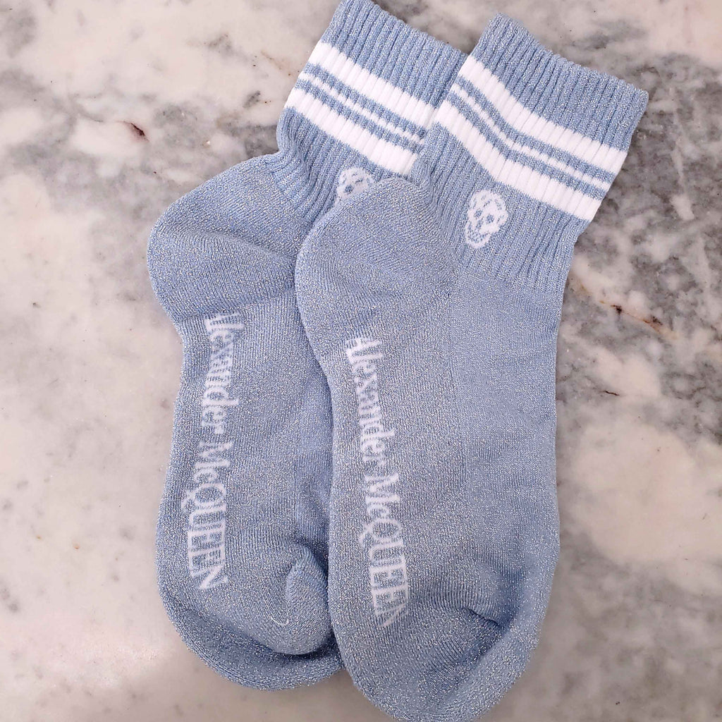 ALEXANDER MCQUEEN BLUE SHIMMER SOCKS WITH WHITE STRIPE - SIZE XS