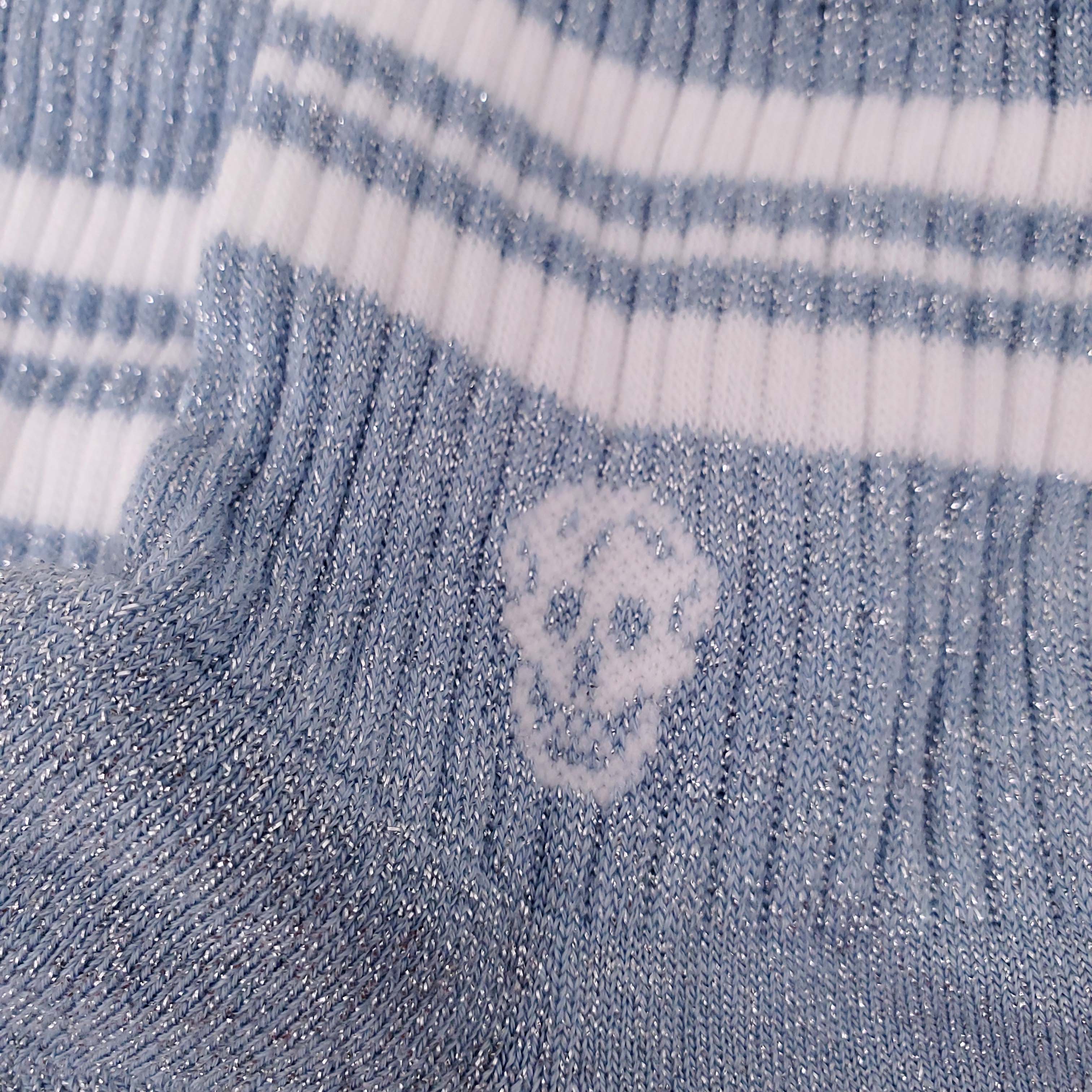ALEXANDER MCQUEEN BLUE SHIMMER SOCKS WITH WHITE STRIPE - SIZE XS