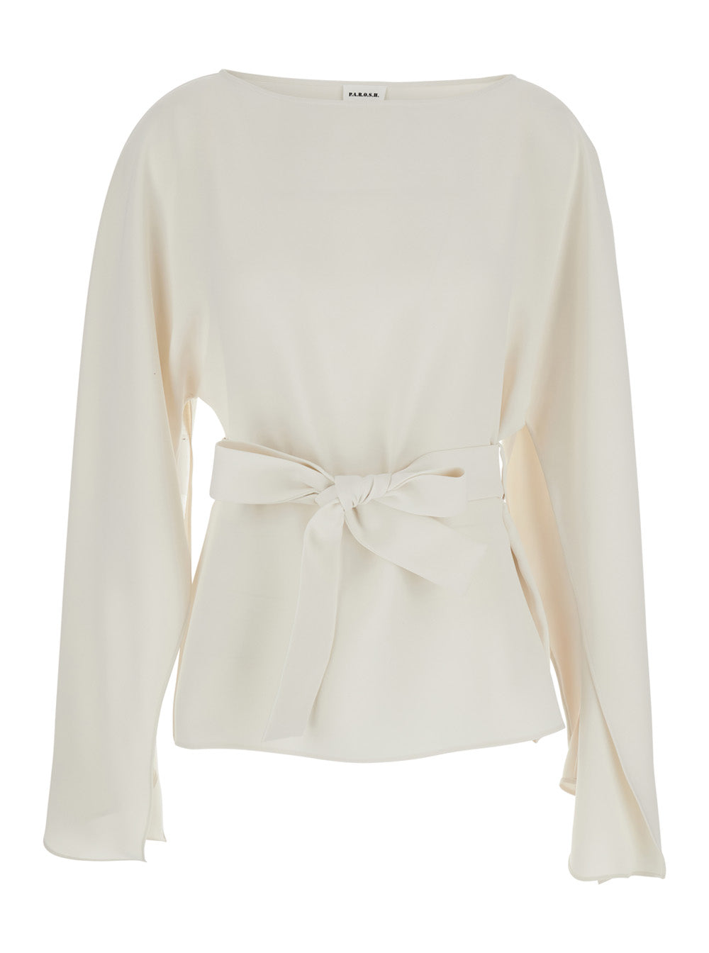 P.A.R.O.S.H. Women White Crew Neck Blouse With Bow Detail On The Front In Cady For Women