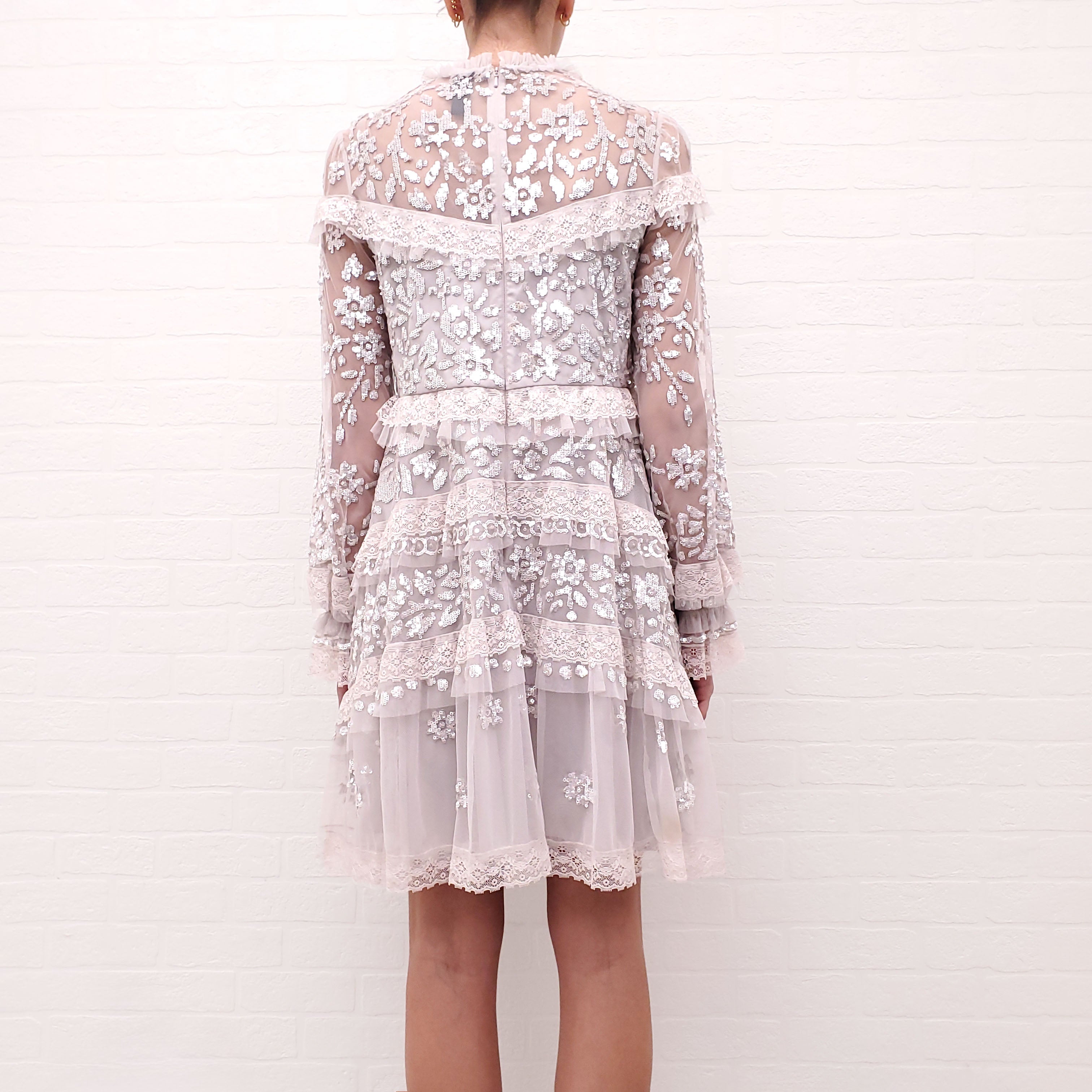 NEEDLE & THREAD GREY SEQUIN AND LACE DRESS - SIZE 6