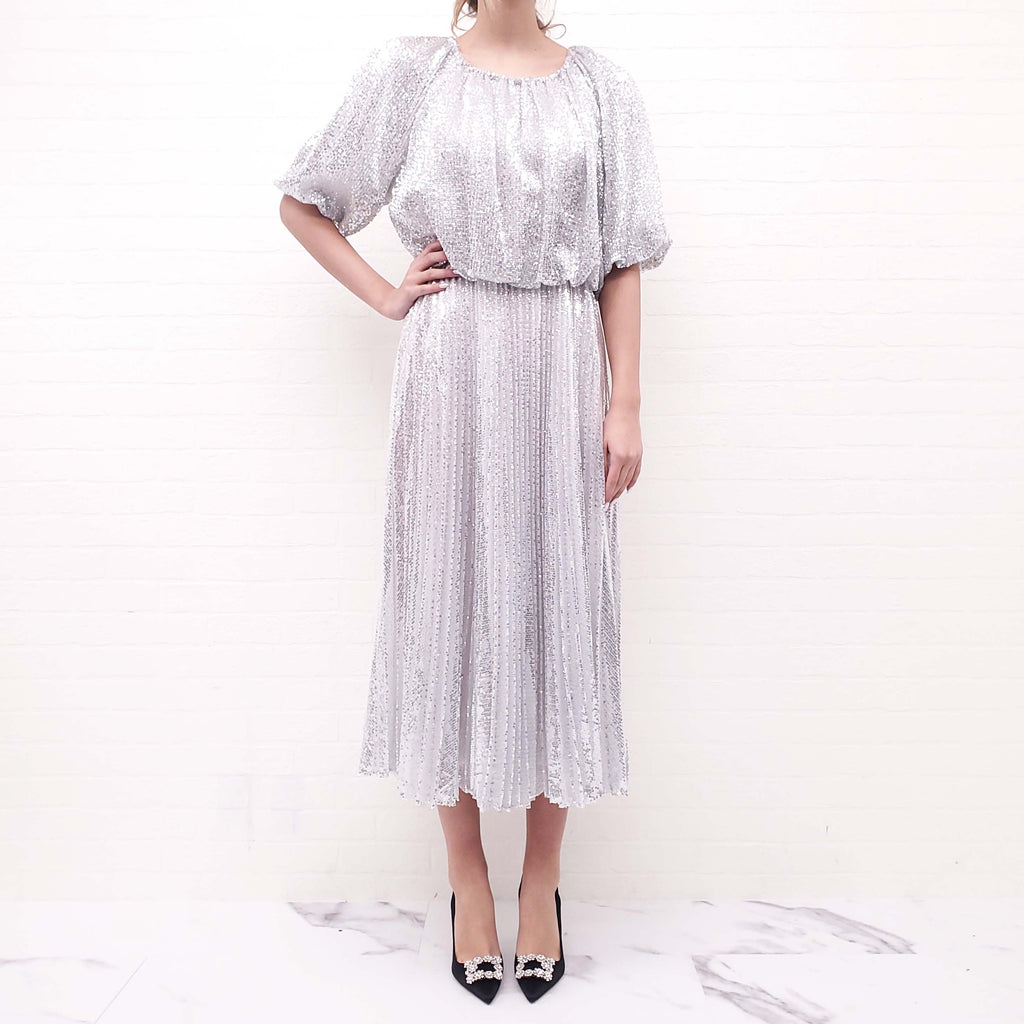 HUISHAN ZHANG SEQUIN SILVER PLEATED DRESS - SIZE 6