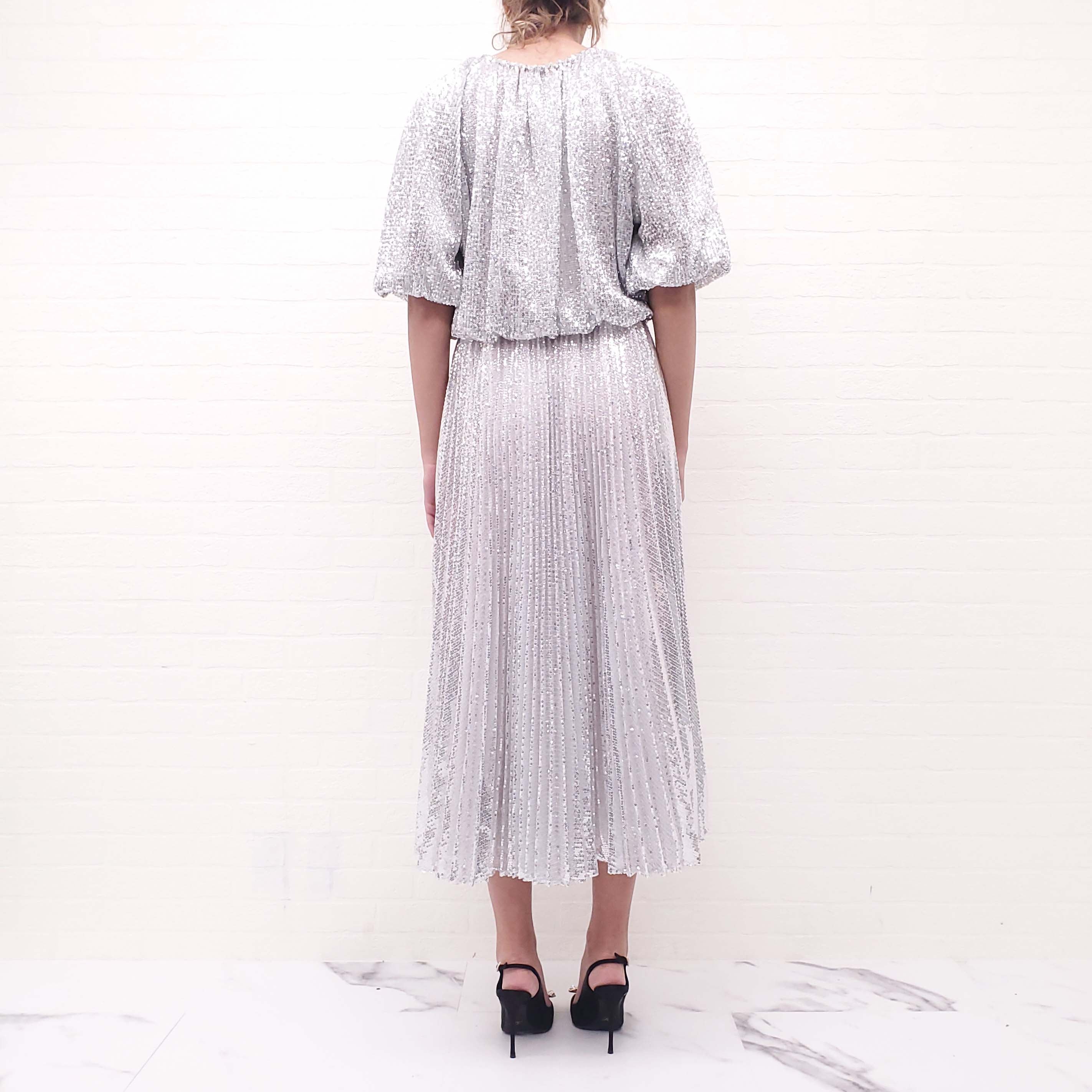 HUISHAN ZHANG SEQUIN SILVER PLEATED DRESS - SIZE 6